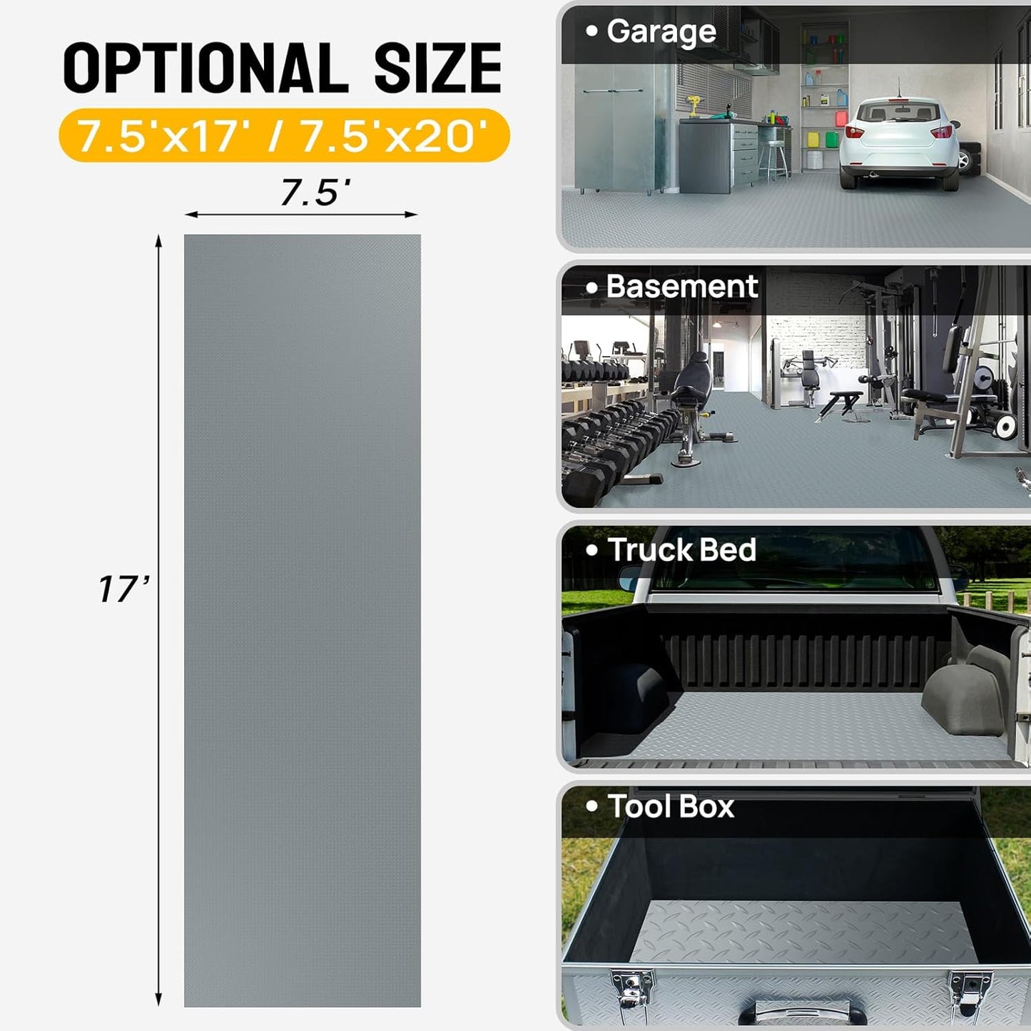 Bonnlo 7.5x17 FT Garage Floor Mat for Under Car,Thickened PVC Roll Floor mats，Waterproof Non Slip Parking Mat,Gray