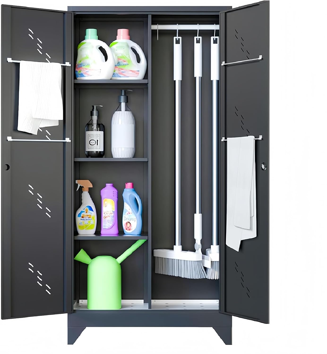 71" Broom Closet Cabinet with Hanging Rod, Tall Black Metal Storage Cabinet for Bathroom, Utility Room, and Garage