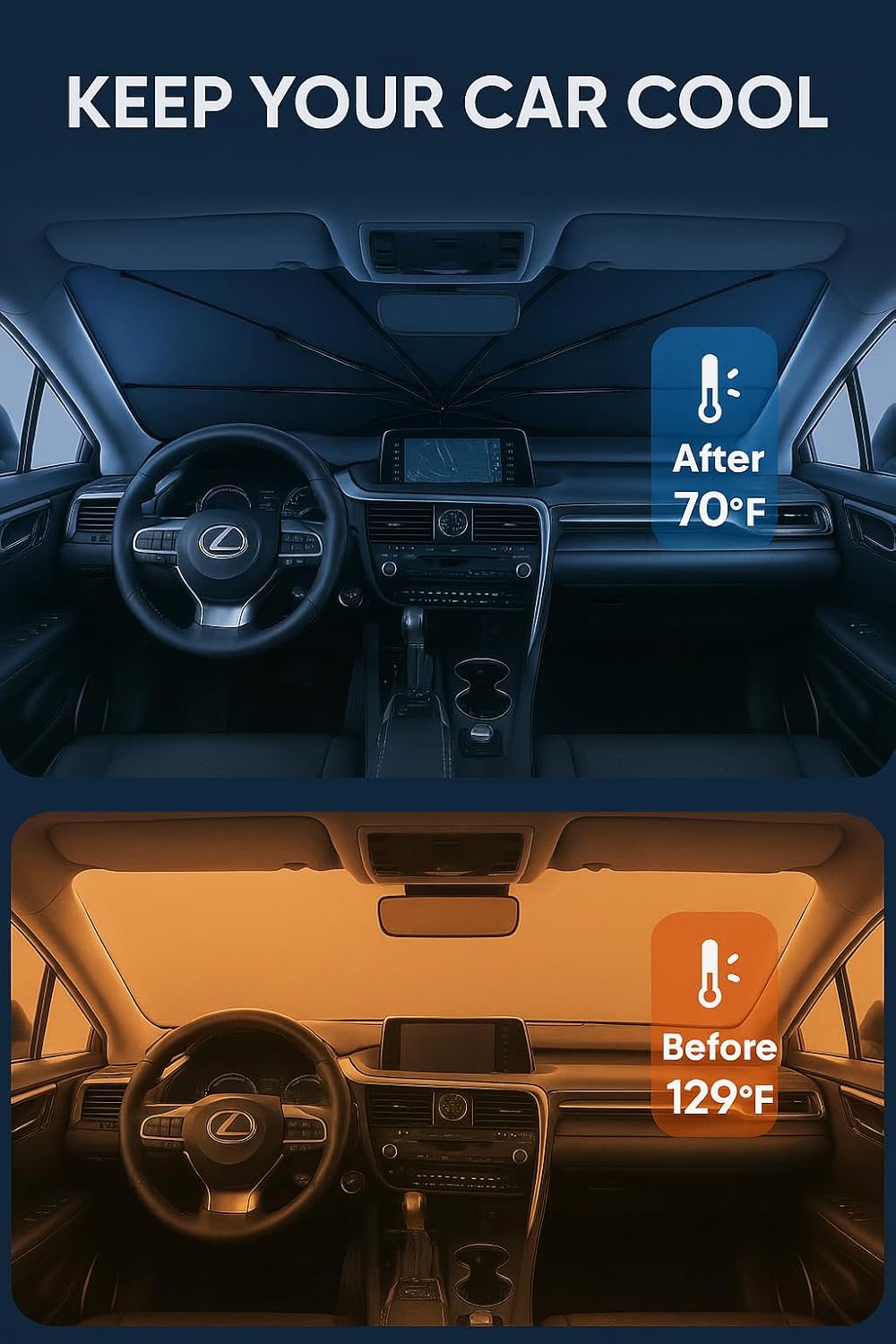 Proadsy Windshield Sun Shade Umbrella for Lexus RX 2016-2022 Foldable Car Umbrella Sunshade with Soft TPU Handle Spring Structure Crystal Cooling Material Protect Car from Rays & Heat