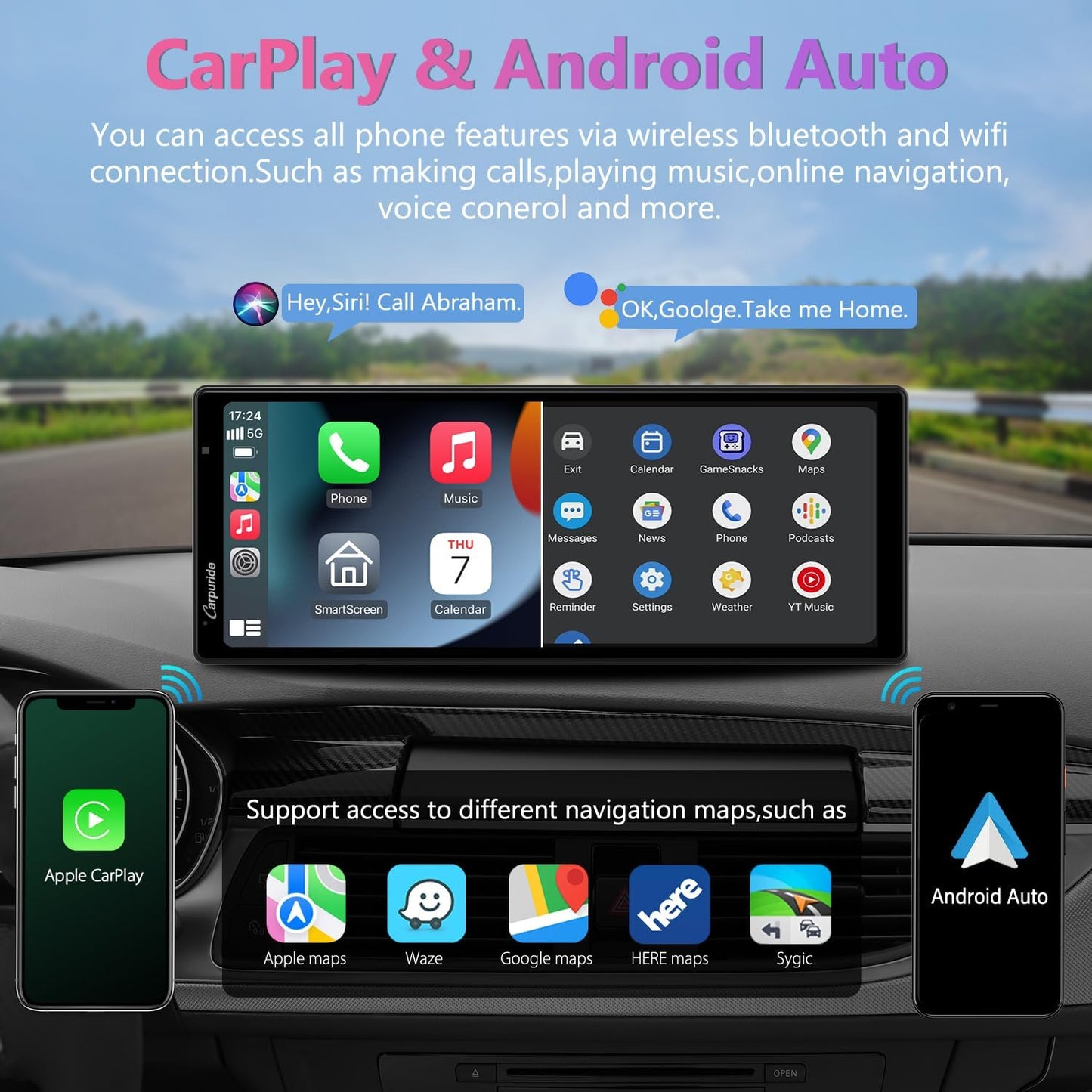 2025 CARPURIDE W903 Portable Carplay & Android Auto with Dash Cam - 9.3" HD IPS Screen, 4K Front &1080P Rear Cam, Loop Recording, Bluetooth, Mirror Link, GPS, Siri, Dashboard Mounted