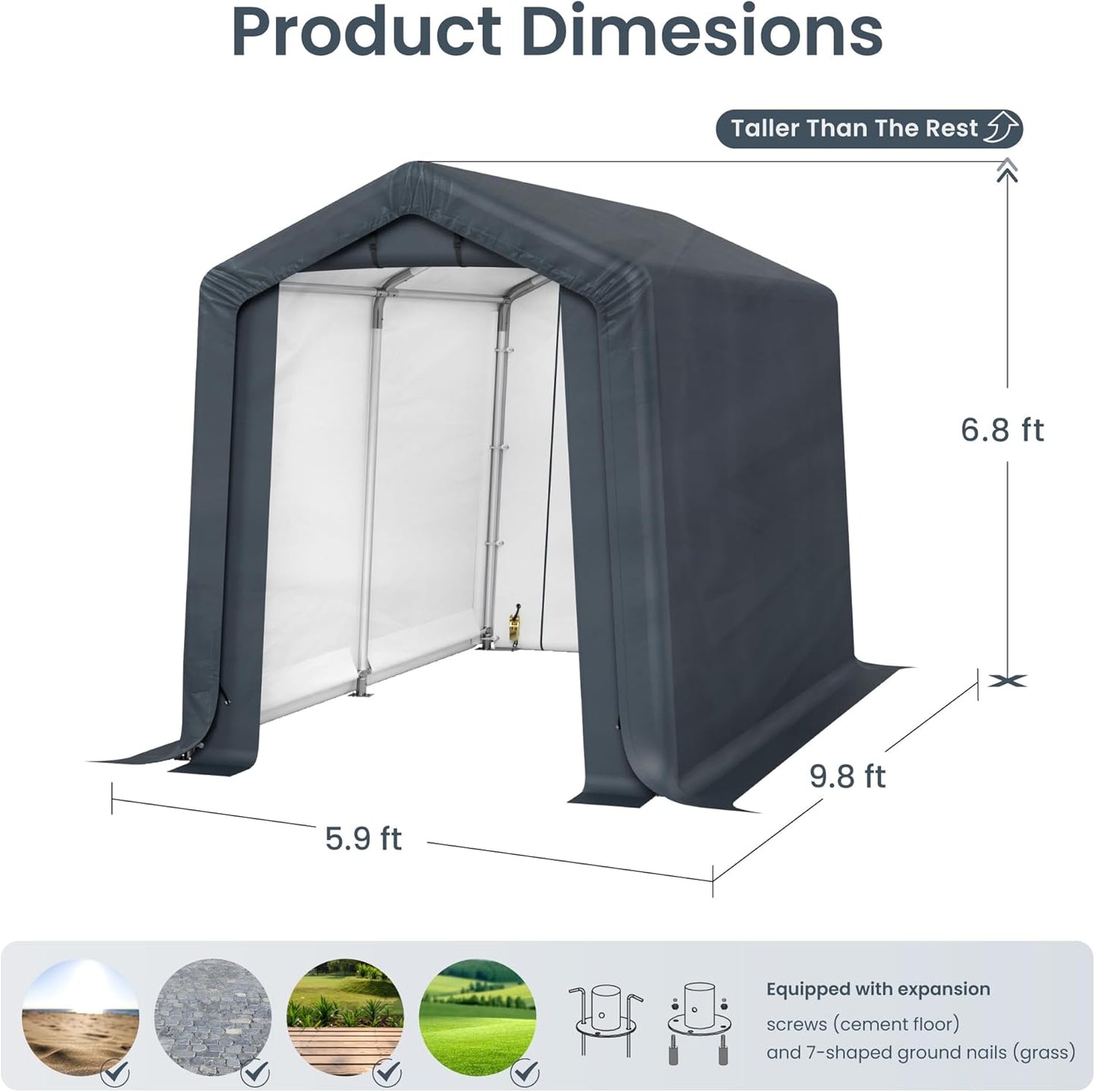 PHI VILLA 6'x10'x7' Outdoor Portable Storage Shelter Shed Garage with 2 Roll up Zipper Doors & Vents Carport for Motorcycle Bike Waterproof and UV Resistant Anti-Snow Portable Garage Kit Tent, Gray