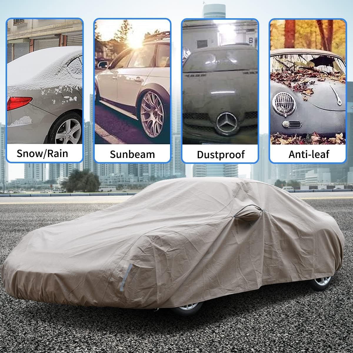 Tecoom Car Cover Waterproof All Weather,Non-Woven Breathable Outdoor Car Covers for Automobiles w/Zipper Pockets Sun Uv Wind Hail Protection Full Cover Universal Fit Mercedes Chevrolet (183-192 Inch)