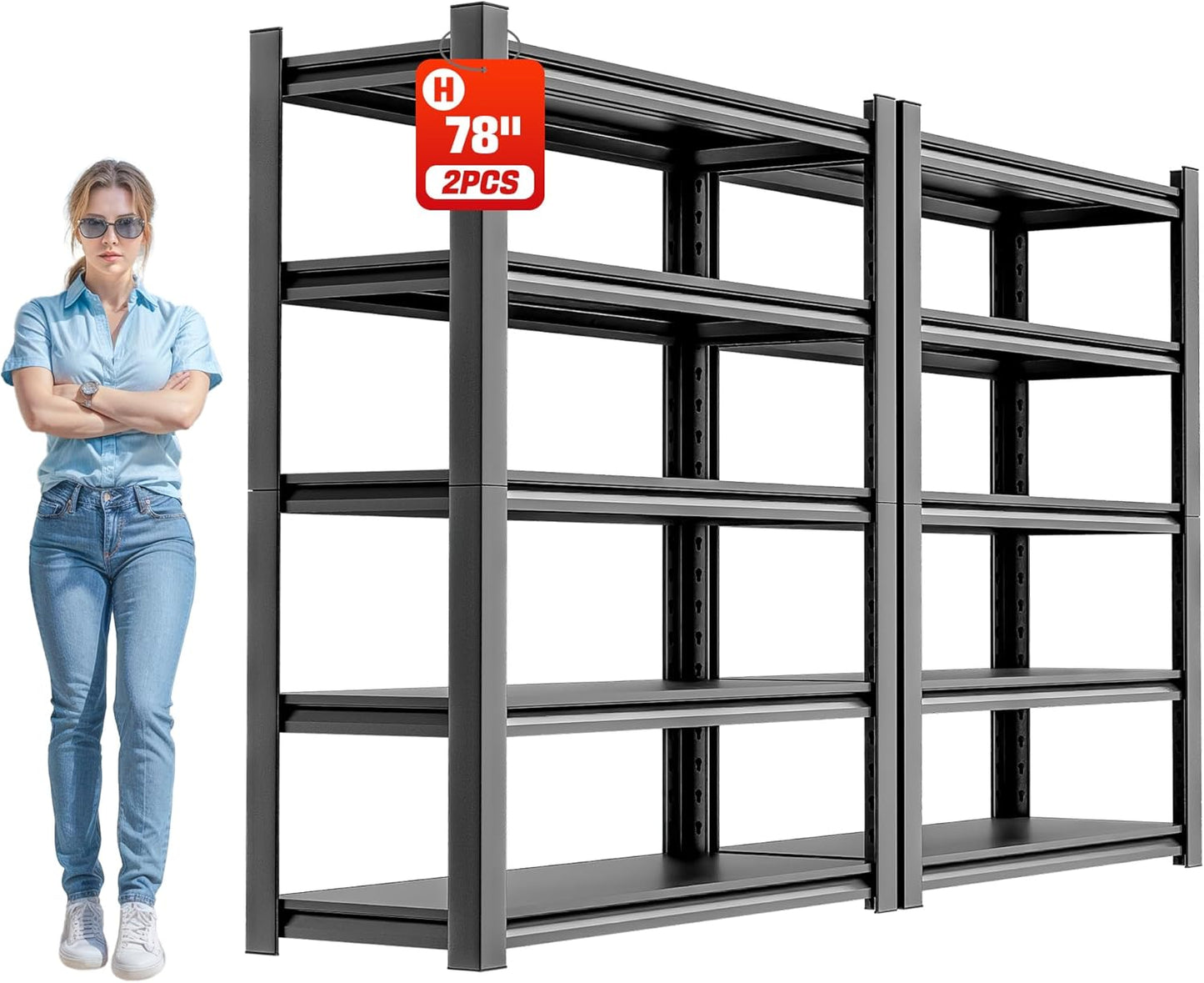Garage Shelving Heavy Duty, 5 Tier Metal Storage Shelf Unit for Industrial and Utility Use - Durable Metal Shelf Organizer, Garage Storage Shelf 18" D x48 W x78 H（2 Pieces）