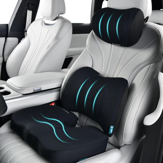 FLORICH 3 PCS Seat Cushion for Carseat Lumbar Support Pillow Car Neck Headrest Pillows Memory Foam Seat Pads Pressure Relief Back Cushion for Office Chair(Black)