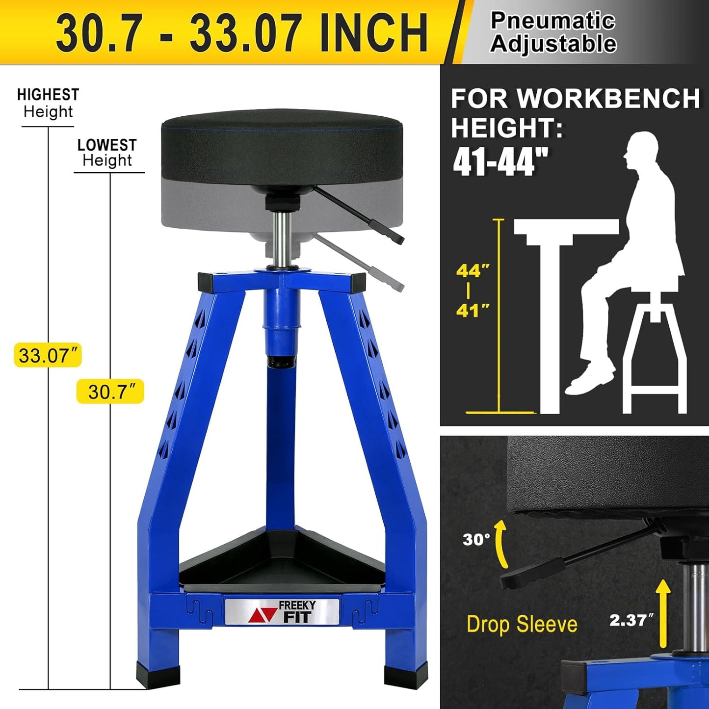 Adjustable Tall Shop Stool, Mechanics Garage Stool Chair, Work Metal Chair for Workshop, Adjustable Height, 360° Swivel Padded Seat, Tool Tray Storage, 350 LBS Capacity, Heavy Duty, Blue