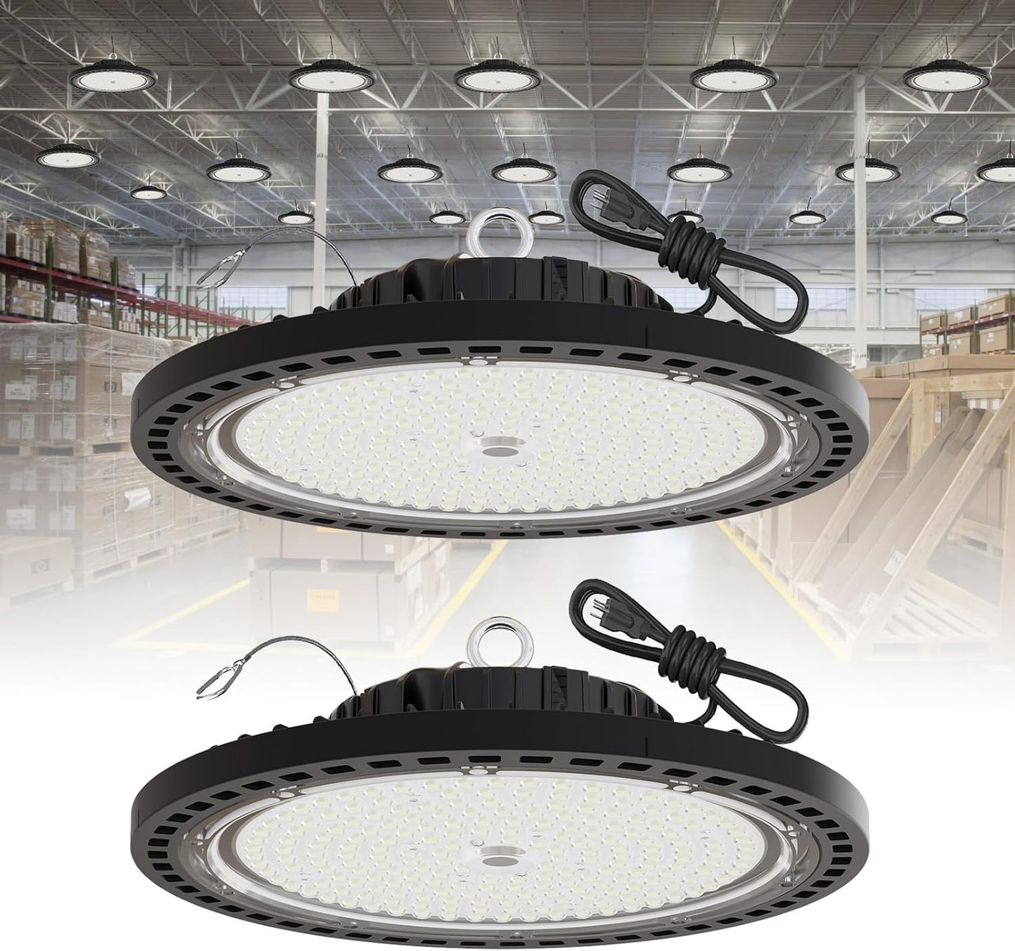 2 Pack UFO LED High Bay Light 200W, 29000 LM, 5000K with 5ft Power Cord, US Plug, Bright LED Shop Light for Basement Commercial Factory Garage Lighting, IP66 Waterproof, AC110-277V, ETL Listded