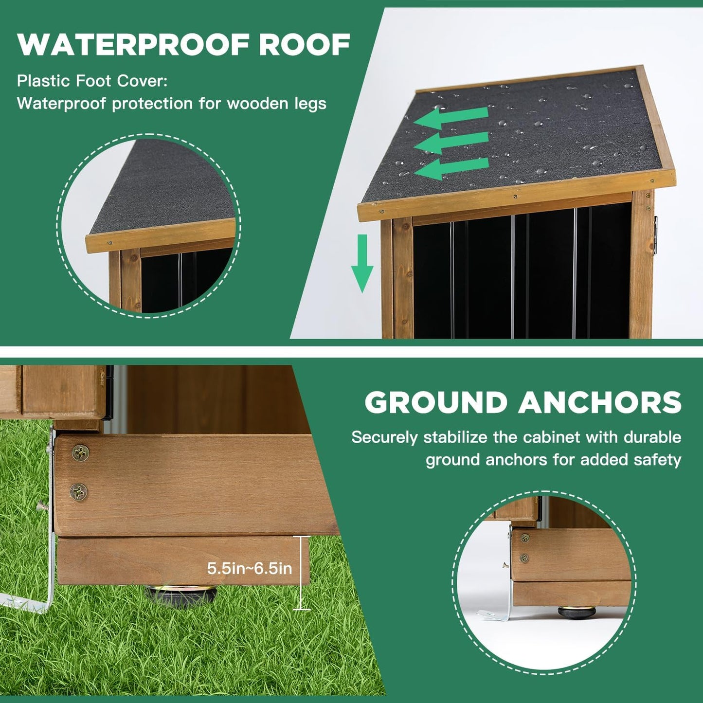 Outdoor Storage Cabinet Wood & Metal, Storage Shed Waterproof Double Lock for Anti-Theft Removable Shelves Adjustable Feet Wooden Floor for Patio, Garden, Lawn Pool Storage, 46" X 18" X 68"