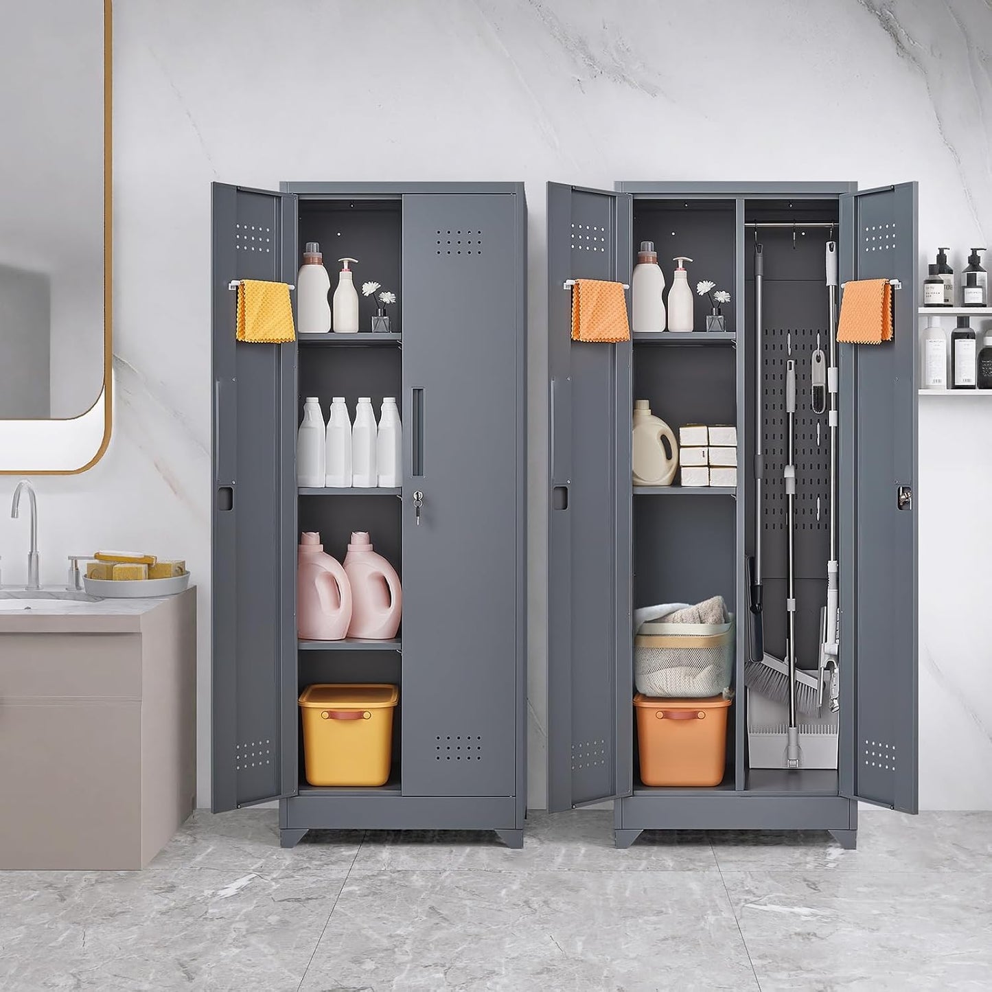 GREATMEET 65" Broom Storage Cabinet, Metal Utility Closet for Brooms and Mops, Cleaning Supply Cabinet with Pegboard, Multifunctional Metal Garage Mop Storage Closet, Grey