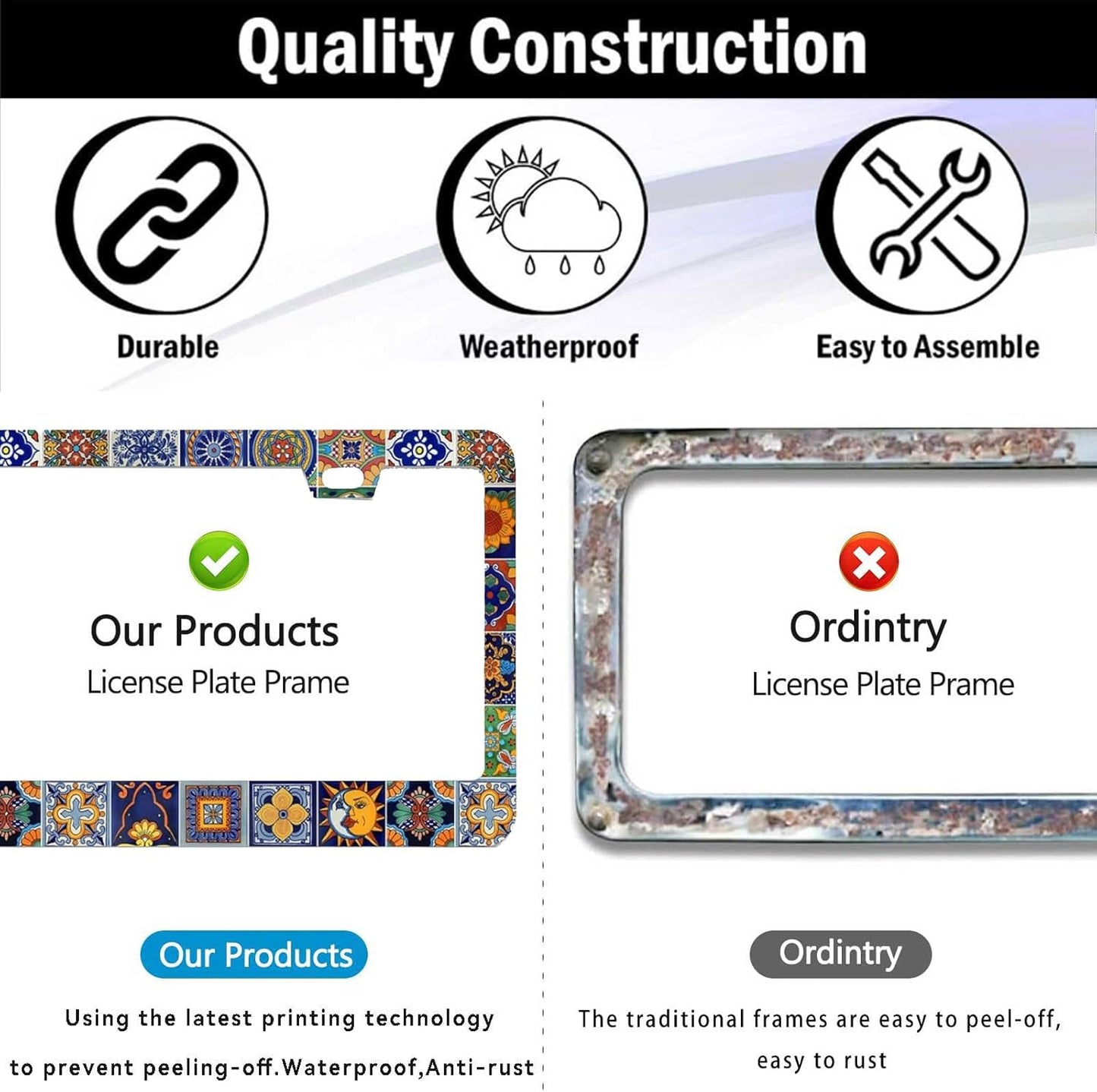 2Pack Mexican Tiles License Plate Frames Mandala Boho License Plate Frame Car Universal Aluminum Accessories Cars Decorative 2 Holes Screws Fits Standard US Vehicles Size 12.2 x 6 Inches