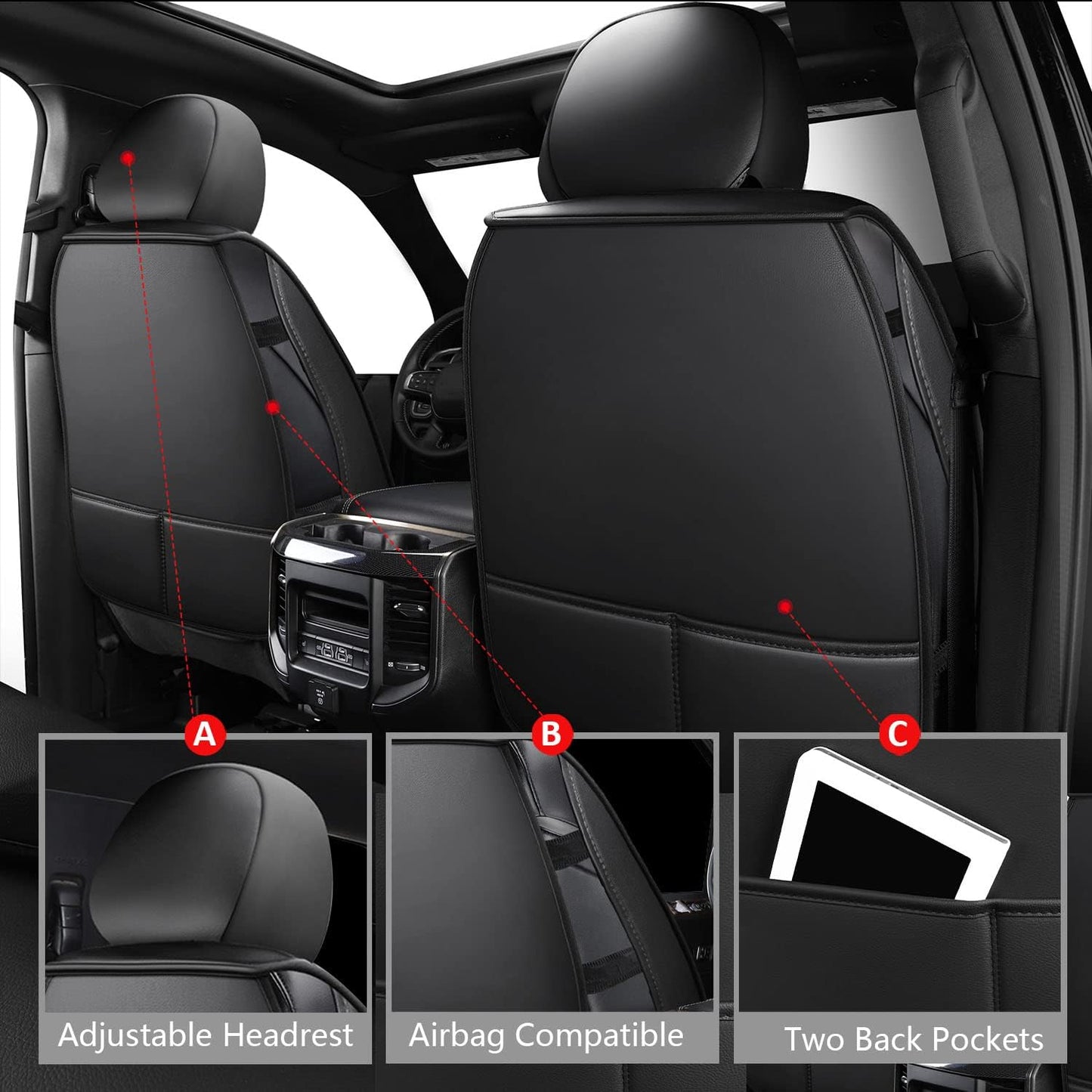 MIROZO 2PCS Front Seat Covers for Dodge Ram,Waterproof Truck Seat Cover Compatible with 2009-2025 RAM 1500 2500 3500 Truck Pickup Crew Quad Cab (2PCS Front,Black)