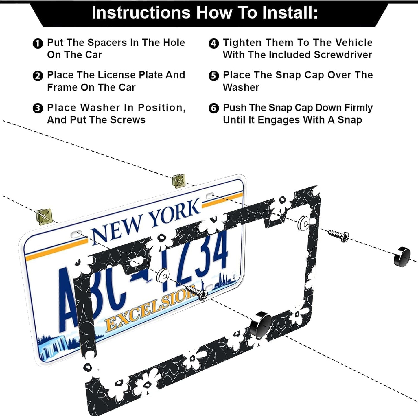 Black and White Flowers License Plate Frames - 2 Pcs Set 2 Holes Stainless Steel Metal Auto Car Accessories Decoration License Plate Frame Cover Size 6.3" x 12.2" Fit US Vehicles for Women Men Gift