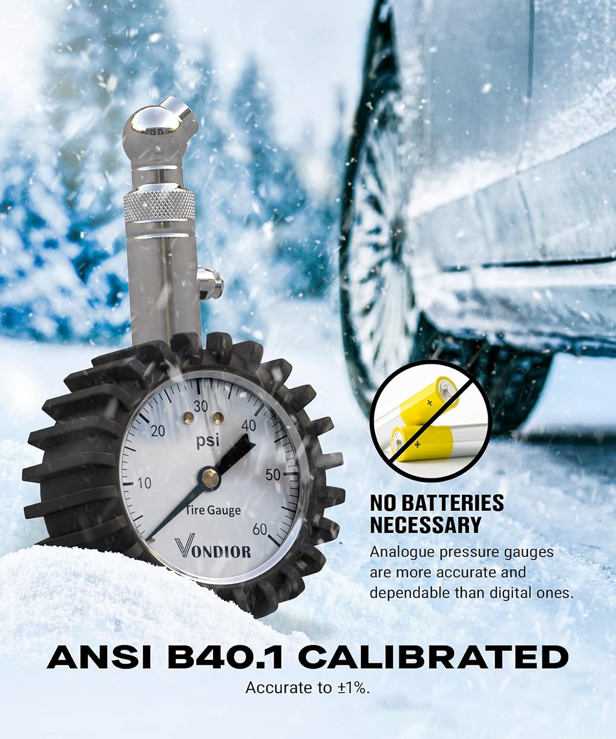 Tire Pressure Gauge - (0-60 PSI) Heavy Duty, Certified ANSI Accurate with Large 2 Inch Easy to Read Glow Dial, Low - High Air Pressure Gauge. Tire Gauge for Car and Trucks Tires by Vondior