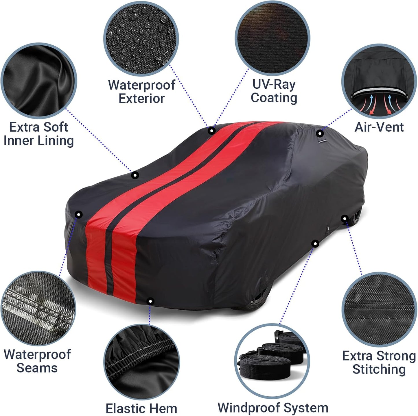 iCarCover Custom Car Cover for Buick Special (1961-1963) Waterproof All-Weather Rain Snow UV Sun Protector Full Exterior Indoor Outdoor Car Cover (Stripe - Black/Red)