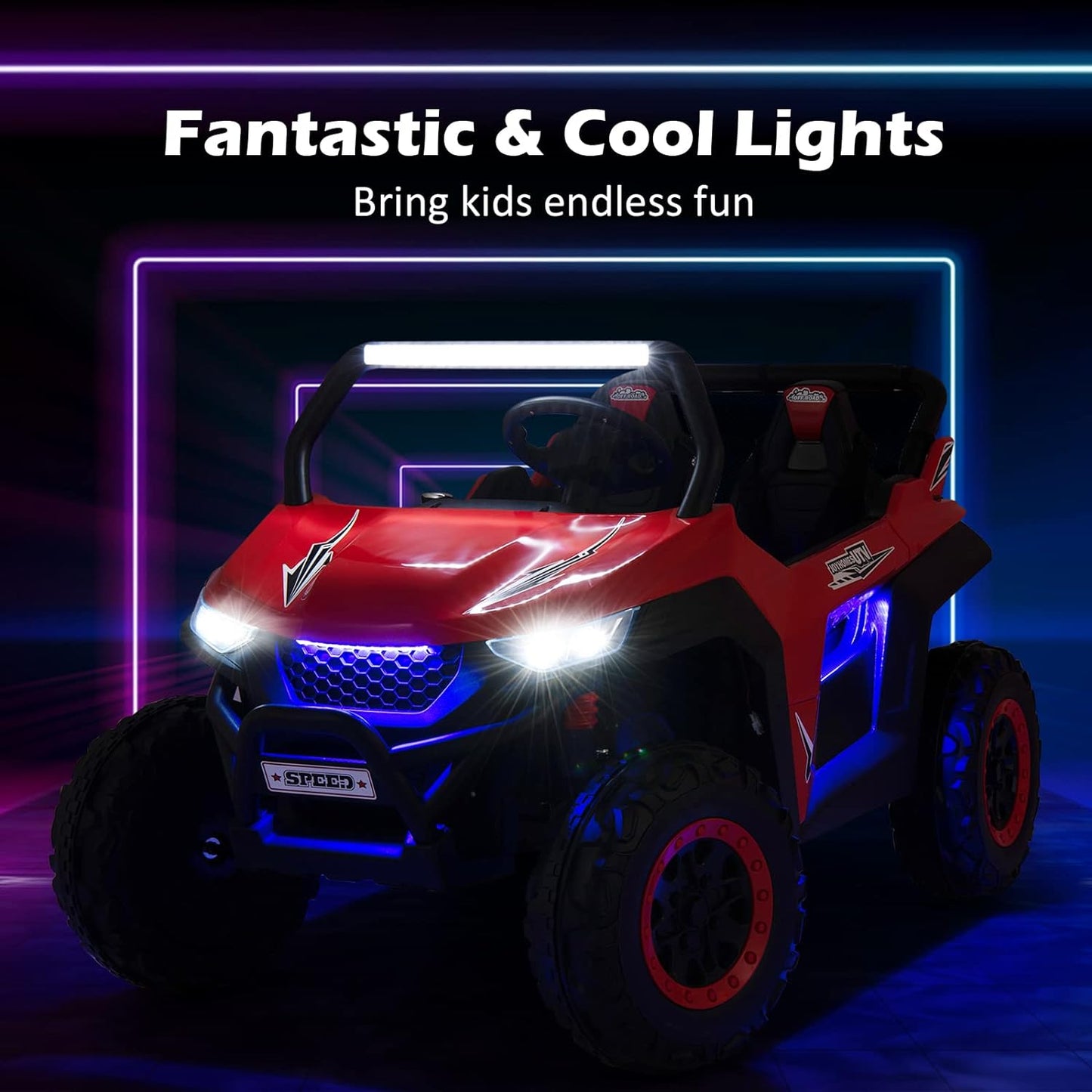 Costzon 2-Seater Ride on Car for Kids, 12V Kids' Electric Vehicles w/Remote Control, 4 Shock Absorbers, Wireless Music & FM, 3 Speeds, Ambiance Lights, Electric Car UTV for Boys Girls (Red)