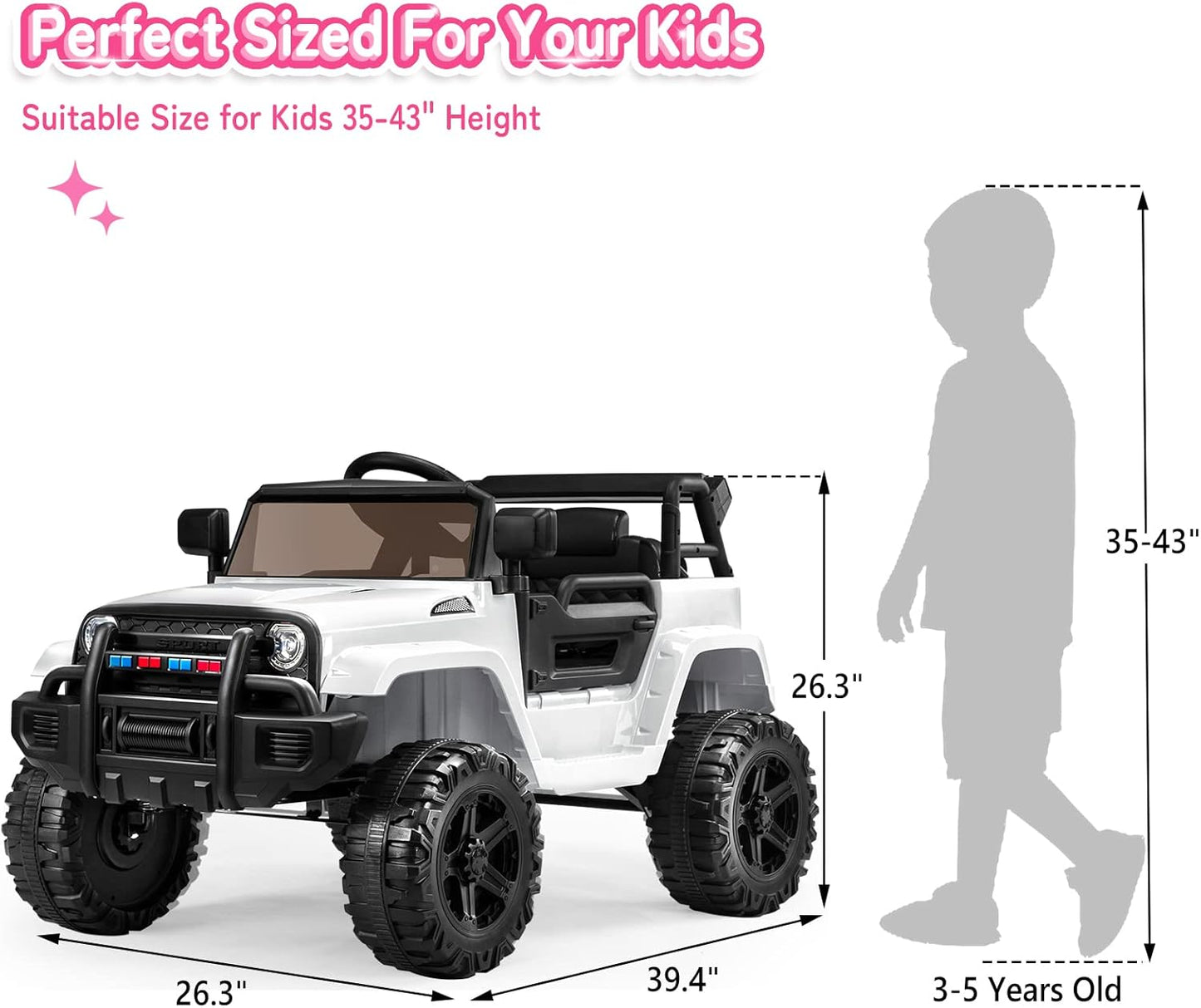 JOYMOR Ride on Truck with Remote Control, 4 Wheels 12V Battery Powered Kids Car, with LED Headlight/Horn Button/ MP3 Player/USB Port/Forward Backward/Kids Girl Boy (White)