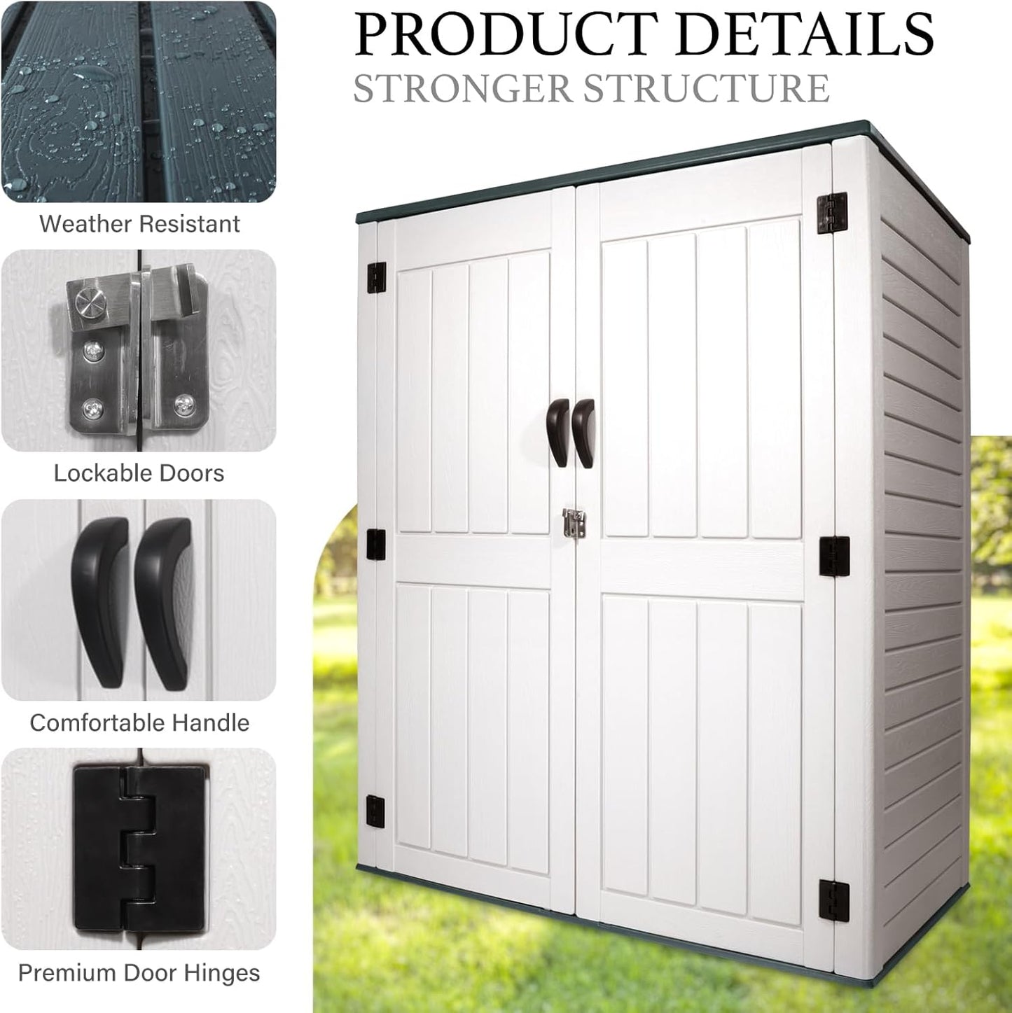 Outdoor Storage Cabinet, 52 Cu ft Resin Storage Box for Patio Garden Yard - Weatherproof Outdoor Storage Shed for Tools Pool Supplies - Lockable Vertical Storage Shed