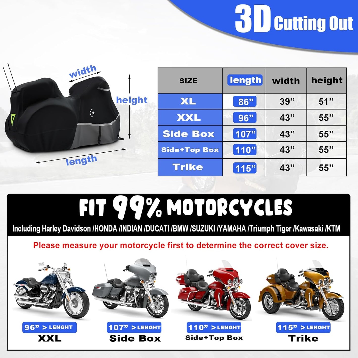 Trike Cover, Heavy Duty 420D Waterproof for Harley Davidson, Goldwing, Chieftain, Challenger, Elite Storage, Black