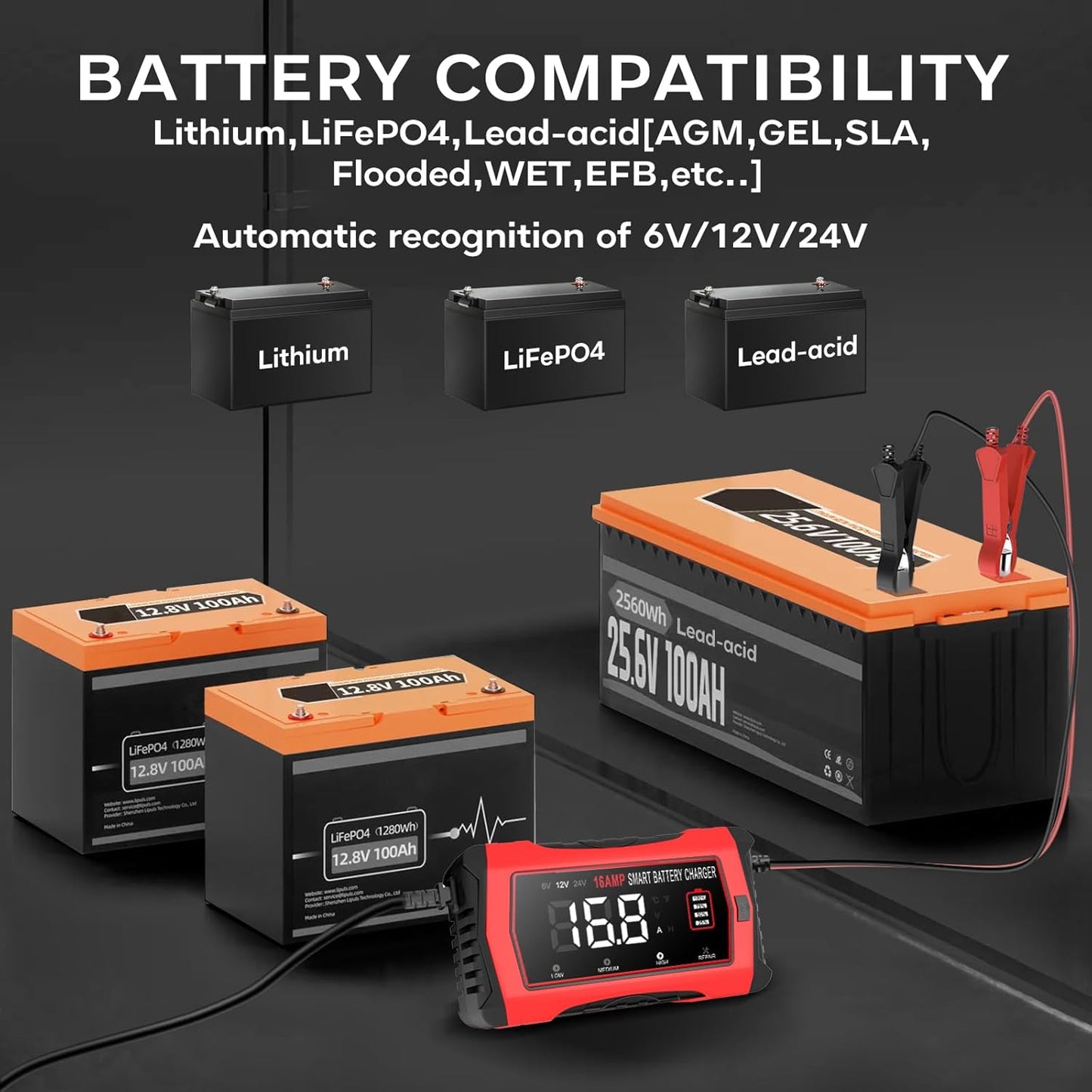 16 Amp Battery Charger, Car Battery Charger 6V 12V 24V Lithium,Lifepo4,Lead-Acid(AGM/Gel/SLA..),Battery Maintainer, Trickle Charger, and Battery Desulfator for Car,Boat,Motorcycle…