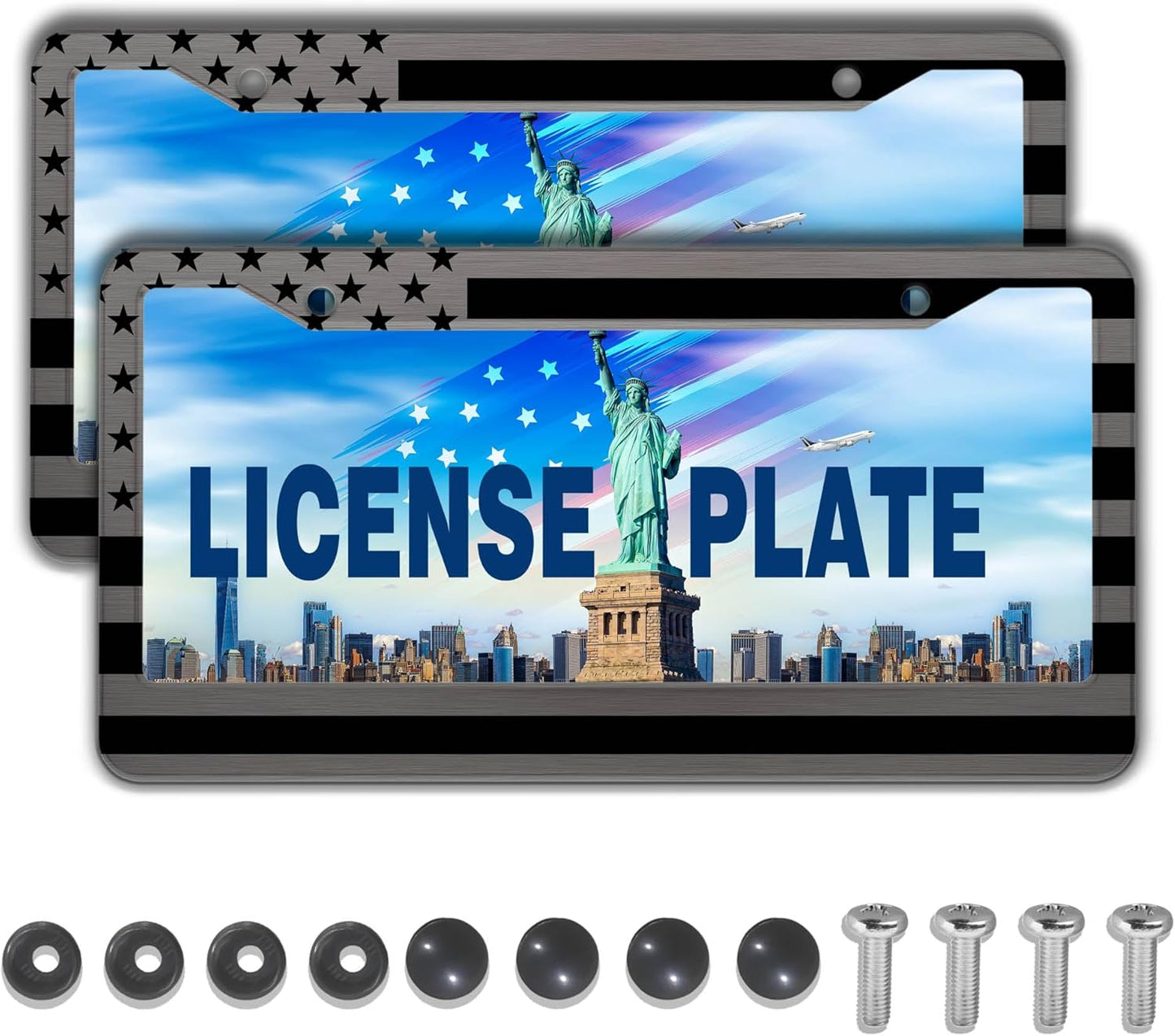 License Plate Frames Metal License Plate Frame American Flag Stainless Steel Texture Universal Aluminum Car Accessory 2 Pack with Screw Covers Set