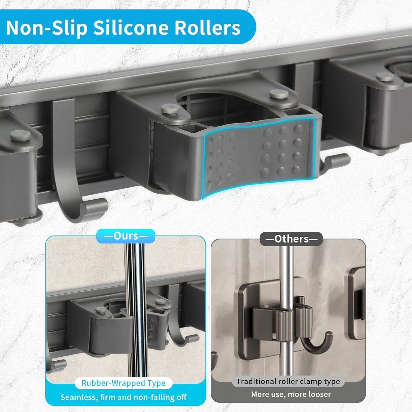 Broom Holder Wall Mount, Aluminum Mop and Broom Holder Hanger with 3 Racks and 4 Hooks, Mop Holder for Laundry Garage Tool Organization