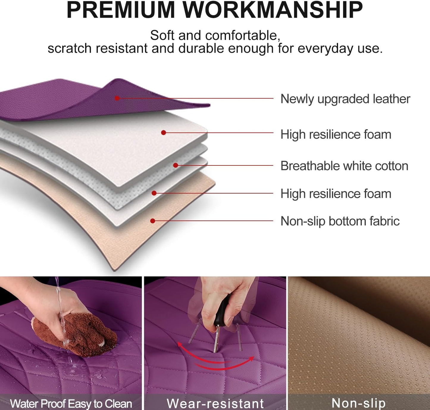 2 Pack Leather Front Car Seat Cover Bottom Car Seat, Universal Anti-Slip Driver Car Seat Protectors with Storage Pocket, Waterproof Bottom Auto Seat Cushion Pad Mat for Most Vehicles(Purple)