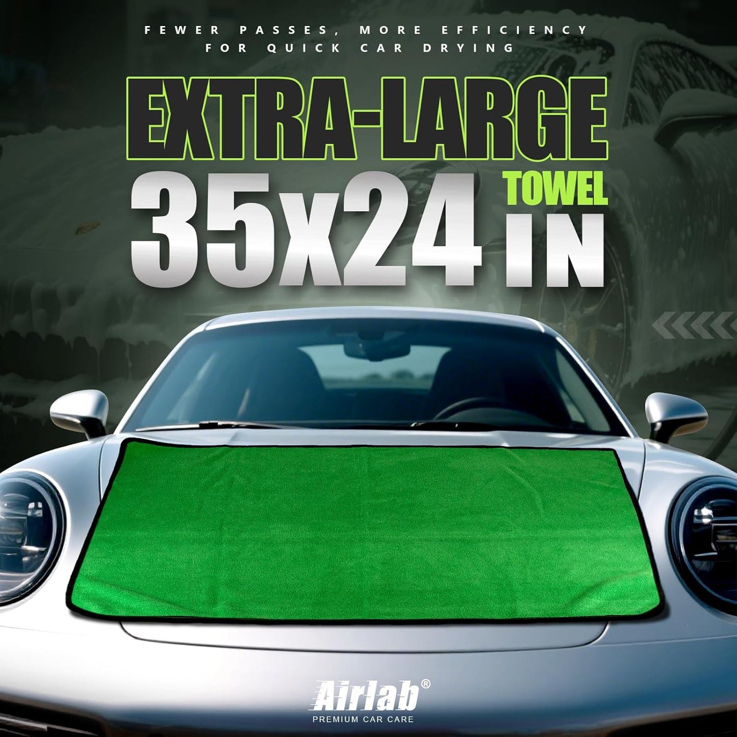 Airlab Microfiber Towels for Cars Wash Drying Thick Plush Cleaning Cloth Auto Detailing Super Absorbent for Interior & Exterior Lint Free, Streak Free, 35 x 24 Inch, 500 GSM, Pack of 2, Grey-Green