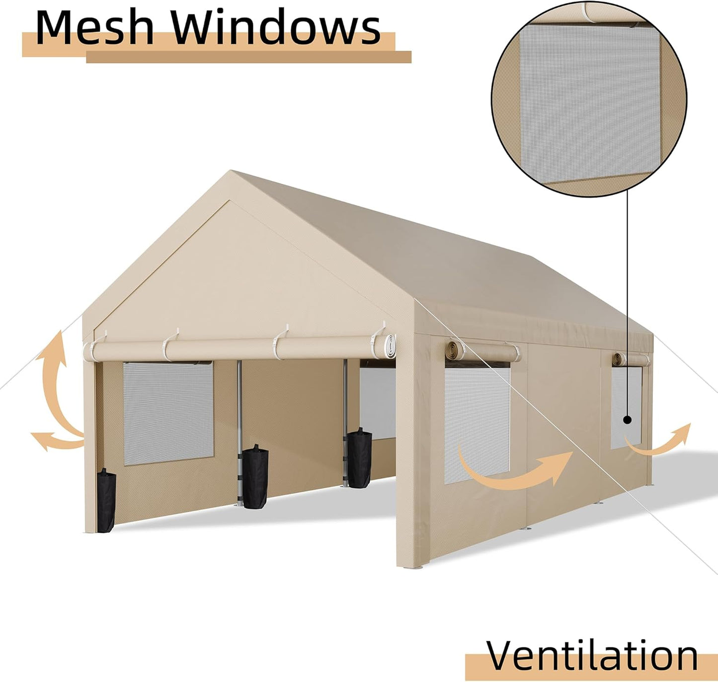 JY QAQA Carport, 10x20 FT Heavy Duty Carport with Removable Side Walls and Doors, Portable Garage with Roll-Up Window and Sandbags, Car Canopy with All-Season Tarp for Cars, Trucks, Boats, Khaki