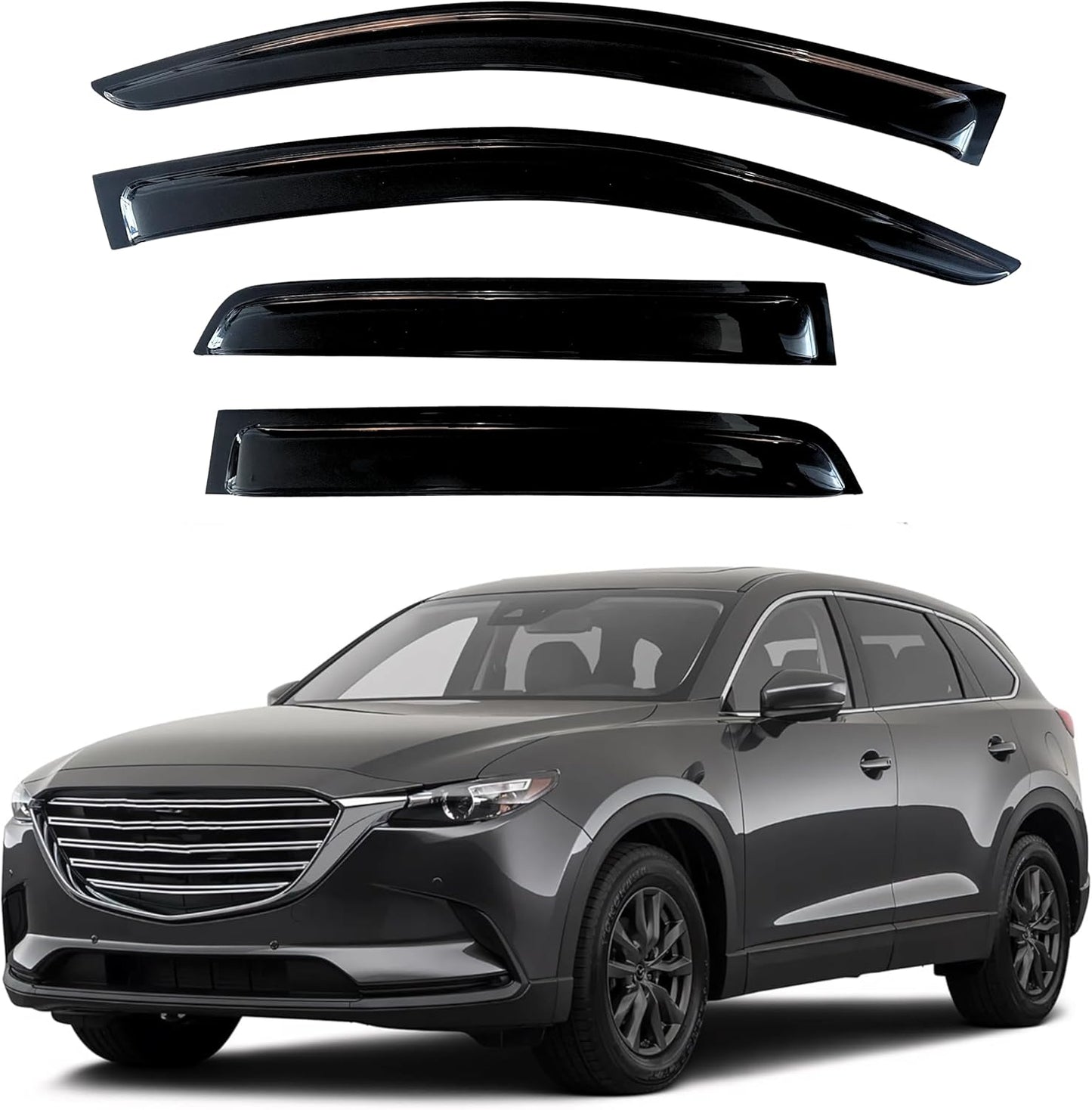 KPY Window Visor Compatible with Mazda CX-9 2016-2023 (CX9), 4PC Rain Guard Side Window Vent Deflectors Tape-On Style, 2016 2017 2018 2019 2020 2021 2022 2023