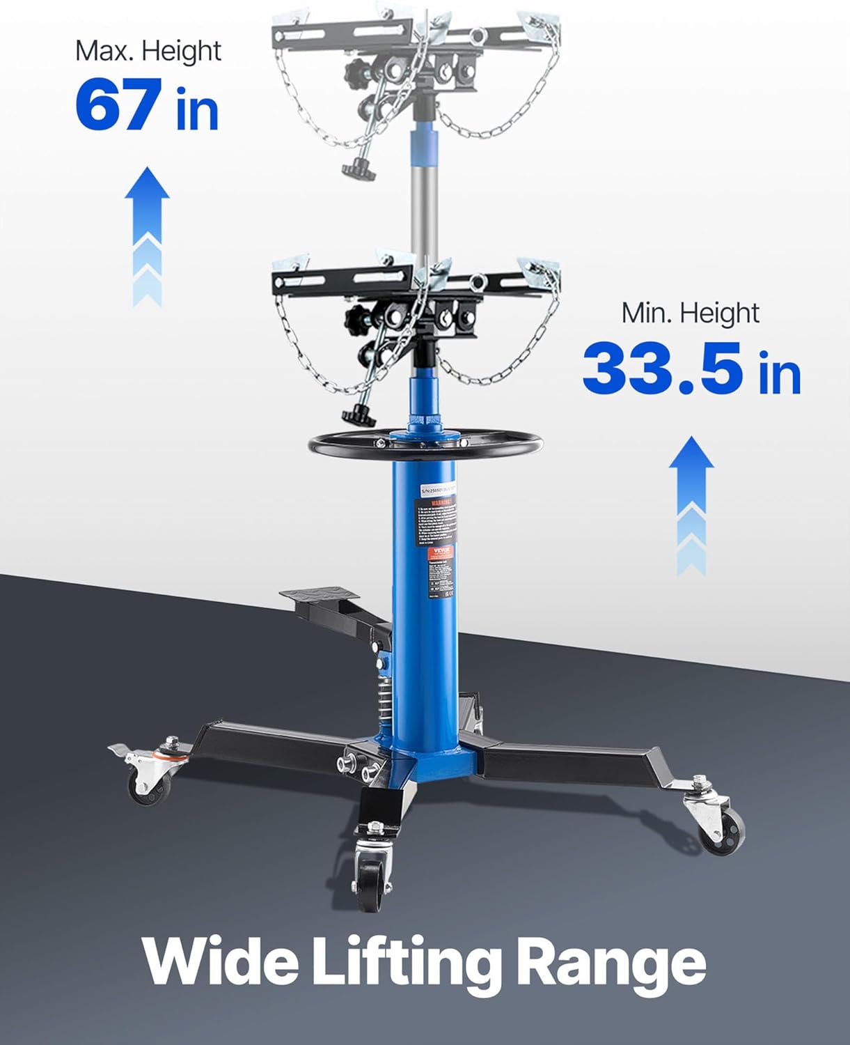 VEVOR Transmission Jack, 33"-67" High Lift, 1100 lbs Hydraulic Telescoping Transmission Jack, 2-Stage Transmission Stand 1/2 Ton Capacity with Foot Pedal, 360° Swivel Wheel, Garage/Shop Lift Hoist