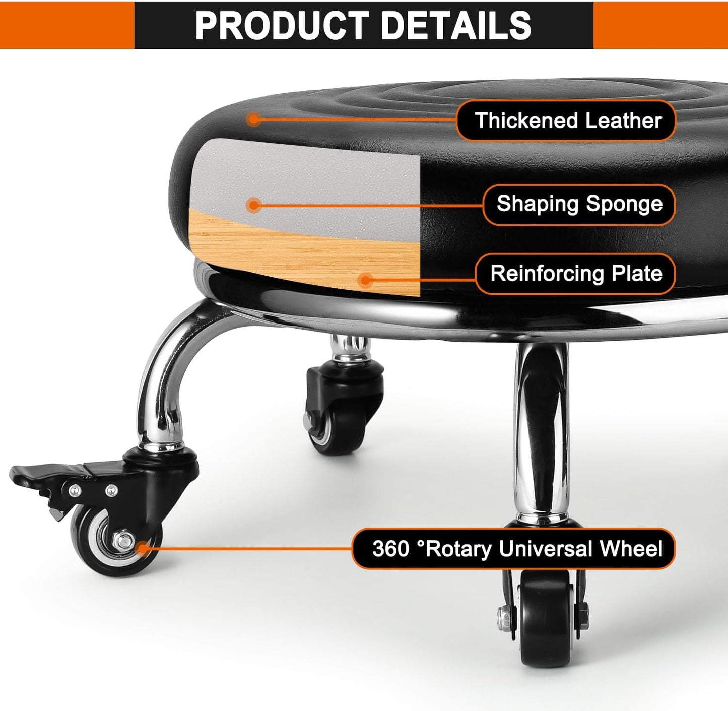 Low Rolling Stool, Low Stool with Wheels, PU Leather Low Roller Seat Stool Chair, Rolling Seat Stool for Home Office Garage Shop (Style 2)
