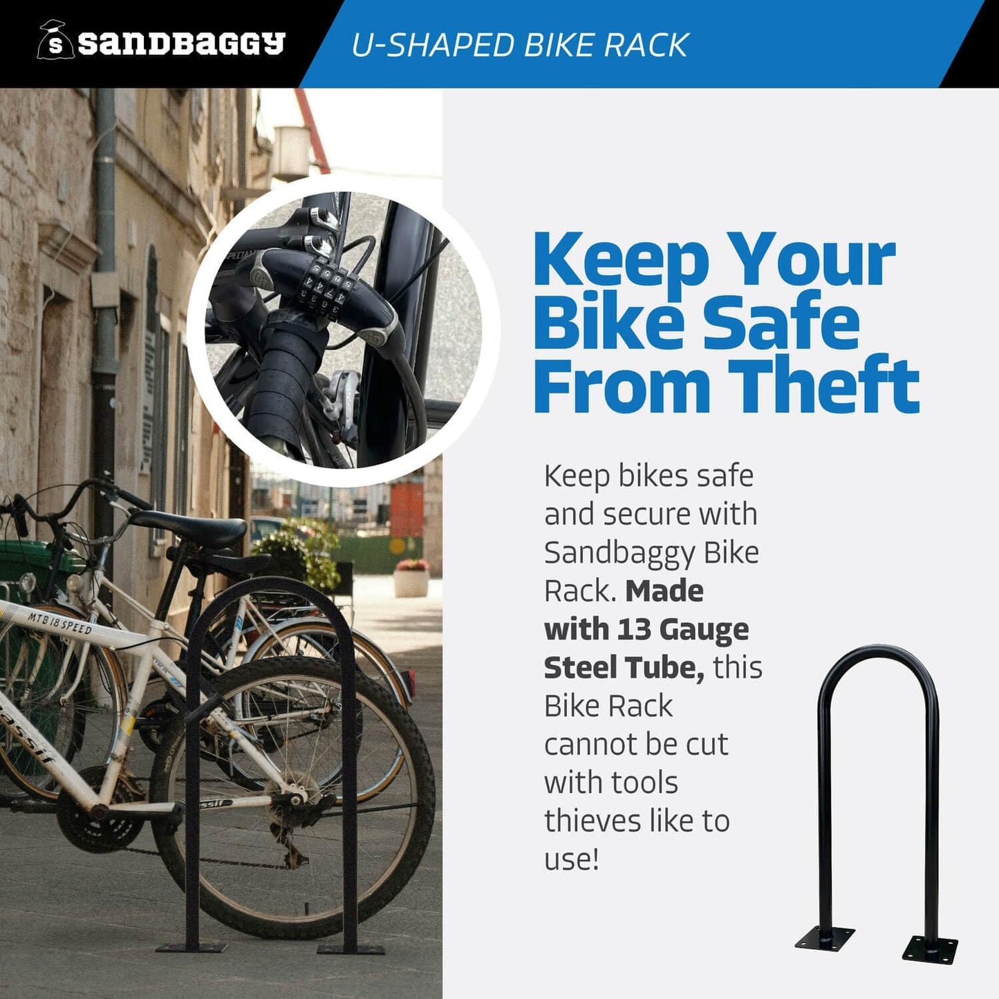 Sandbaggy U Shaped Bike Rack - Outdoor, Commercial - Galvanized Steel - Surface/Ground Mounted (10, Blue)