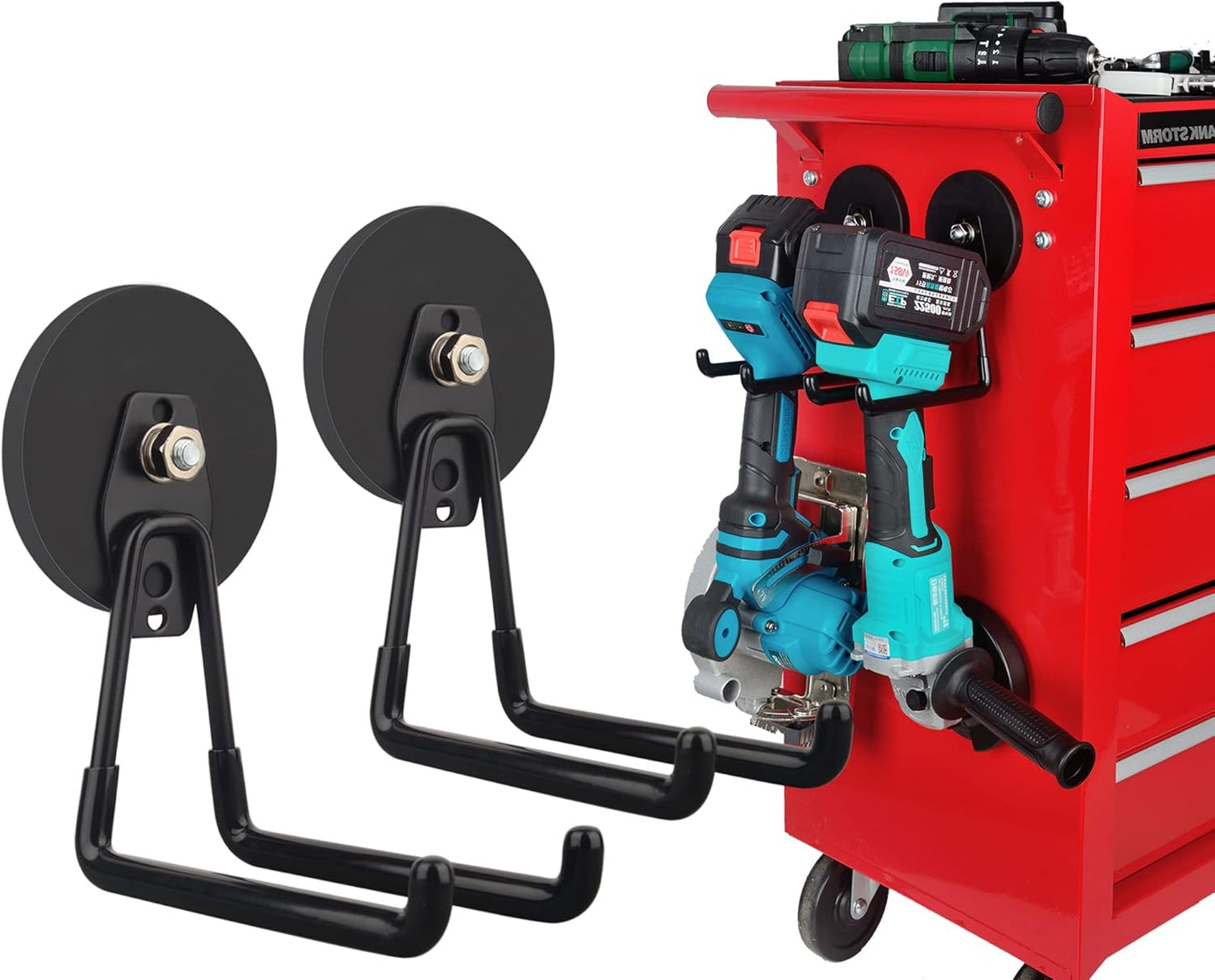 ULIBERMAGNET Strong Magnetic Ultimate Hooks,Large Magnet with Hooks for Heavy Duty Tools,Jig Saw,Hose, 2 Pack Heavy Duty Magnetic Hooks for Hammer Drill,Circular Saw,Garden Tool(3.46inch/Black)