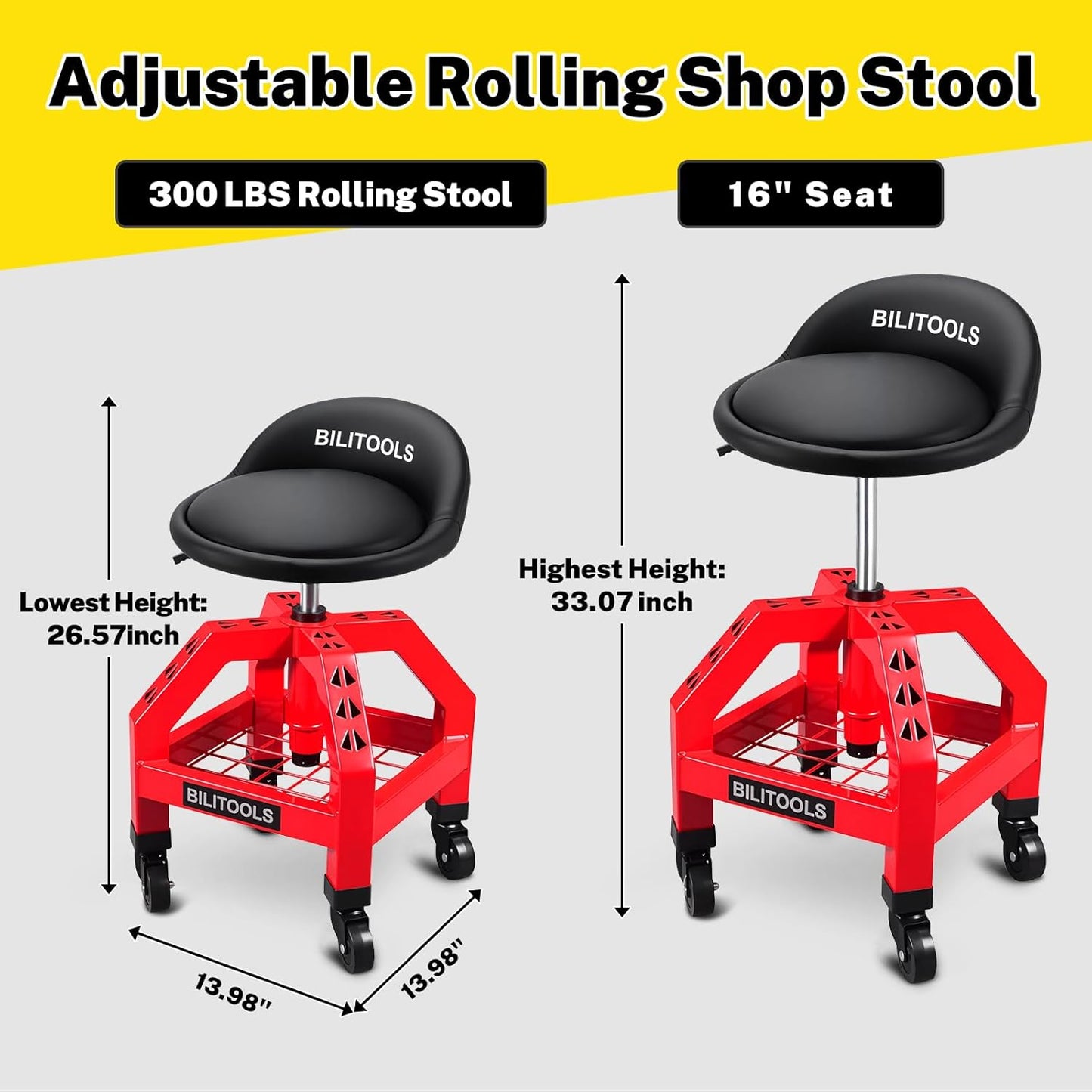 BILITOOLS Heightened Rolling Shop Stools with Wheels 26-33", Adjustable Garage Mechanic Stool Oversized Seat & Backrest, 300 LBS Shop Chair for Garage with Wheels Heavy-Duty Swivel Tool Tray Storage
