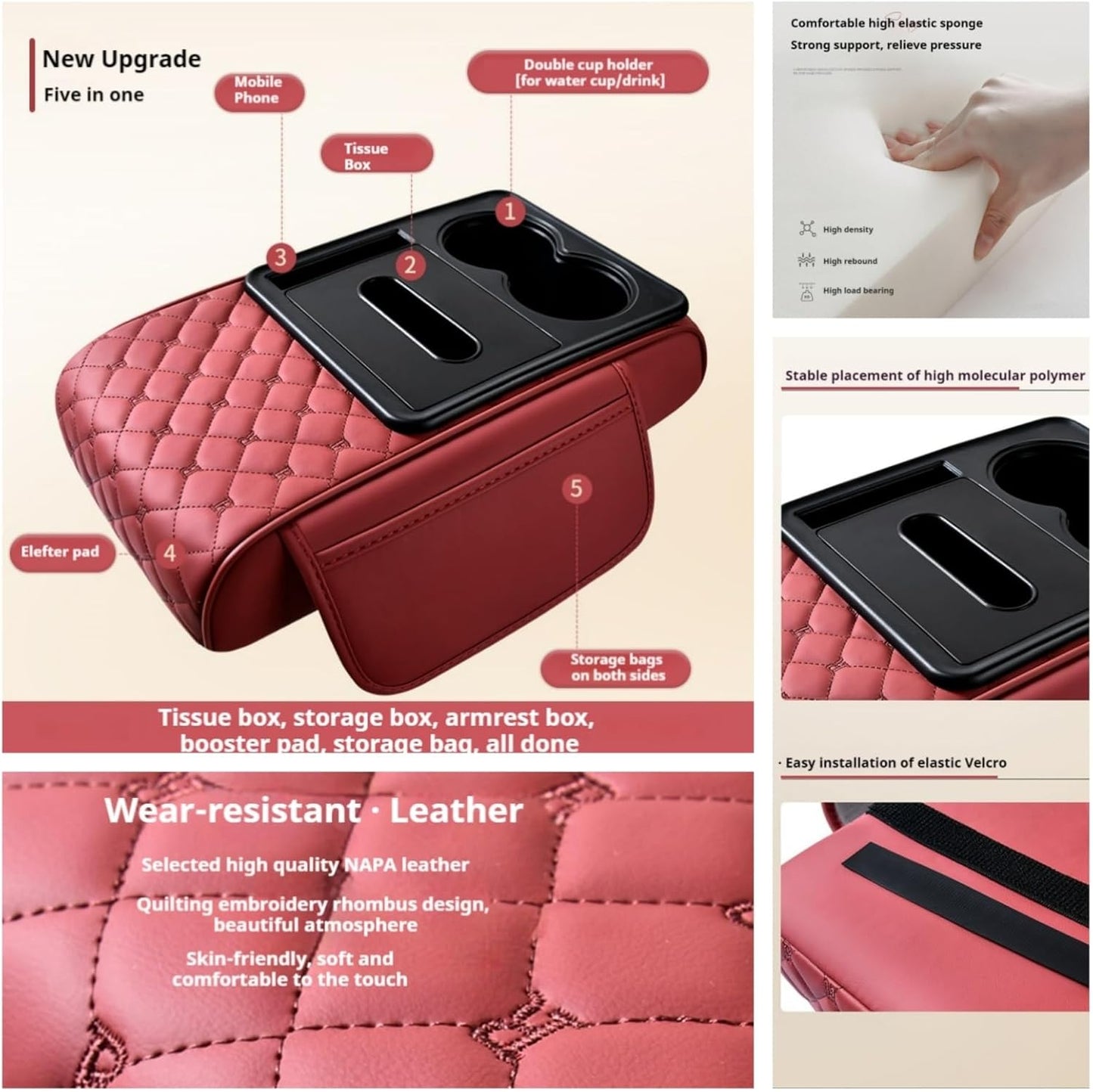 5-In-1 Center Console Cover Organizer with Cup Holder, Storage Pocket, Tissue Box, Armrest Cover Cushion Pad for Car, Grid, Black