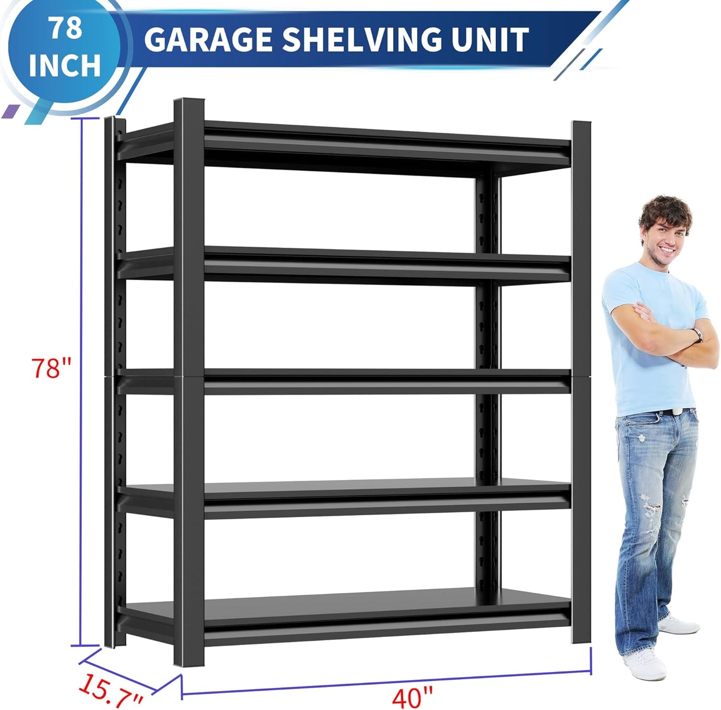 Metal Garage Shelving Unit,78"H Heavy Duty 5-Tier Adjustable Storage Rack,15.7"D x 40"W x 78"H Steel Shelving,3000 lbs Industrial Shelves for Heavy Tools and Equipment,Ideal for Garage, Basement,Black