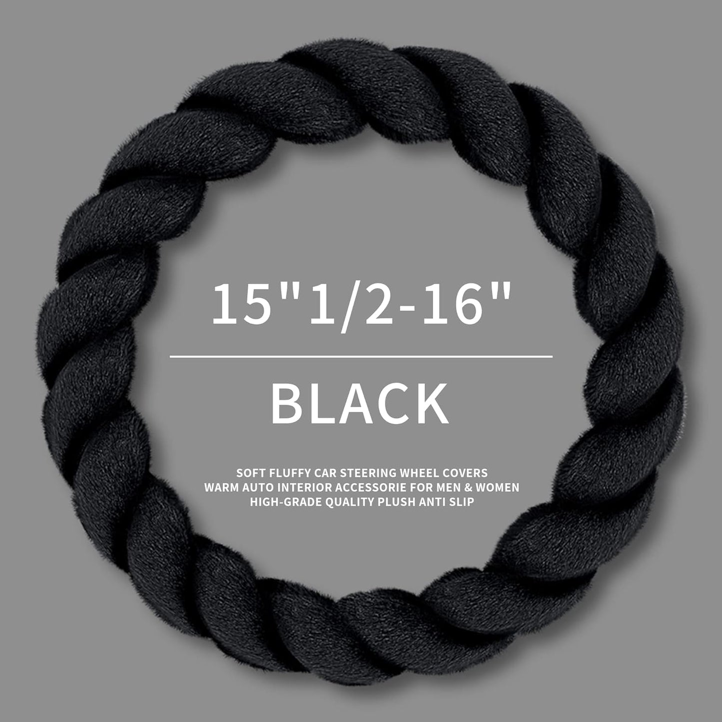 Luxury Fluffy Winter Car Steering Wheel Cover for Women Soft Warm Cute Auto Handle Cover for Jeep, Truck, Van, F150, Fuzzy, Anti Slip, Black, Large Size, 15.2-16in