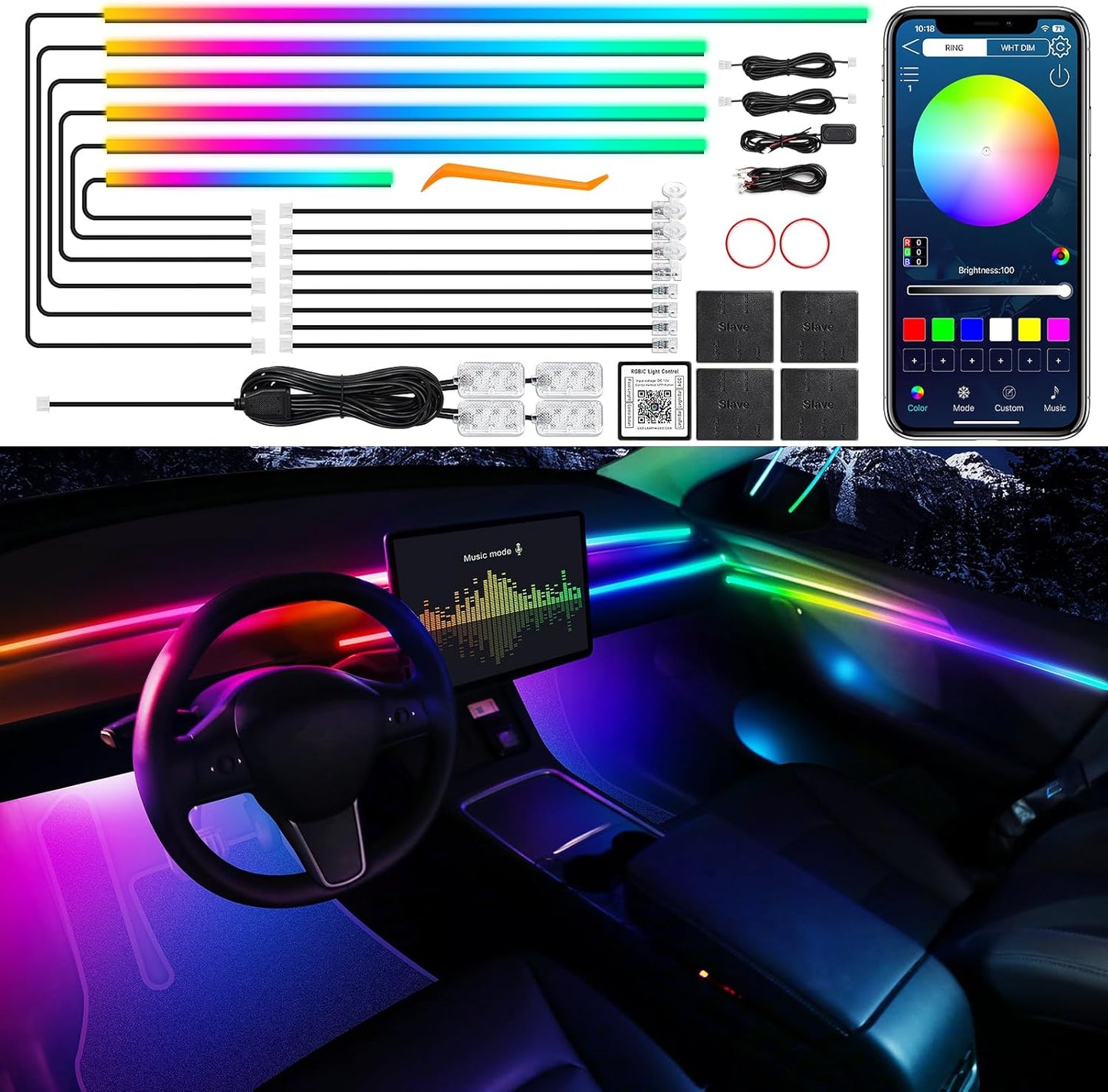 Dreamcolor Acrylic Interior Car LED Strip Light with Wireless APP, RGB 18 in 1 with 175 inches 612 LEDs Fiber Optic Strip Lights for Car, Dual Zone Music Sync Neon Car Ambient Lighting Kits