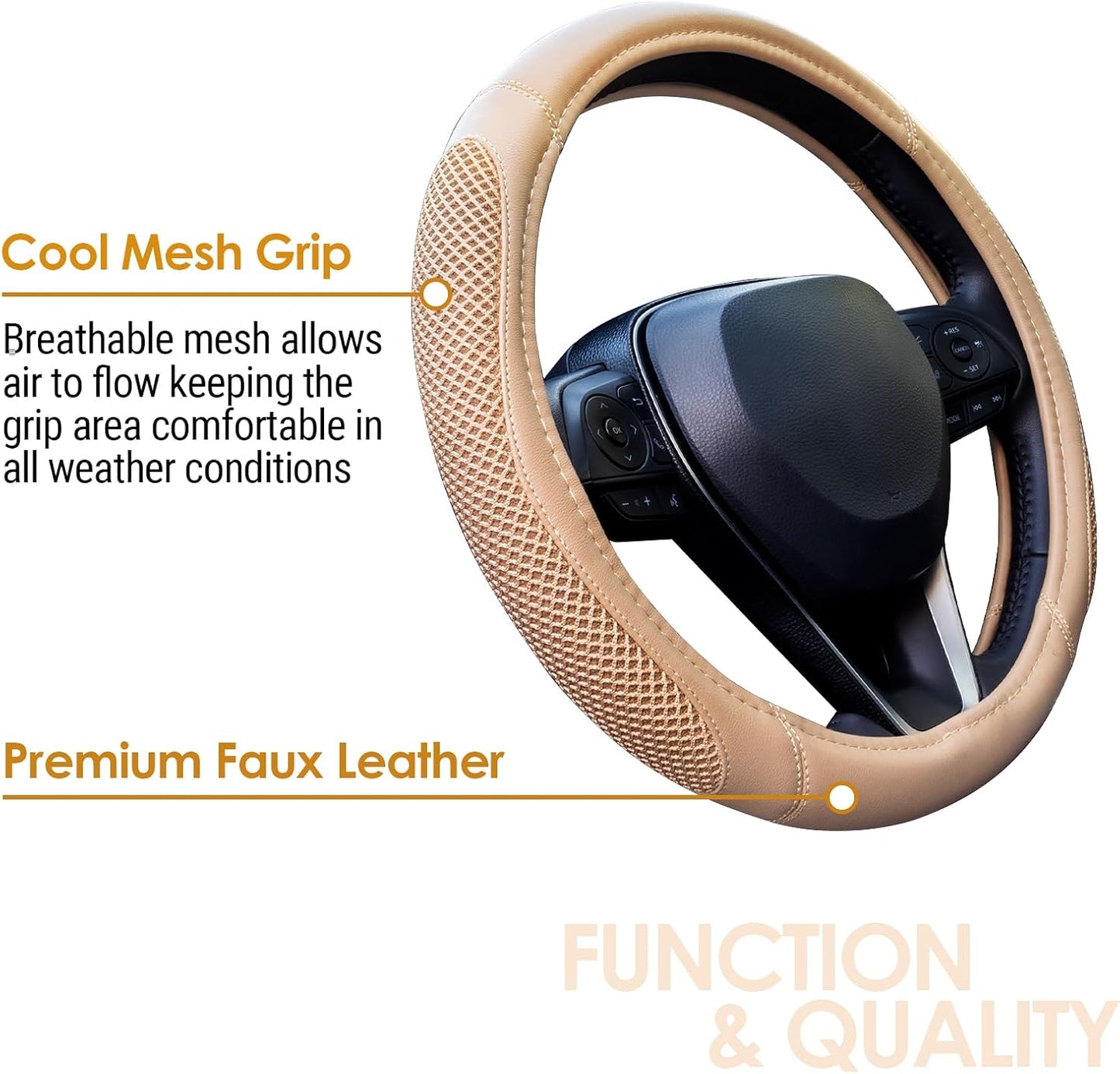 Cool Mesh Grip Truck Steering Wheel Cover with Breathable Grip, Premium Faux Leather, Universal fit for Full Size Trucks and SUVs with Steering Wheel Size 15.5" to 16"