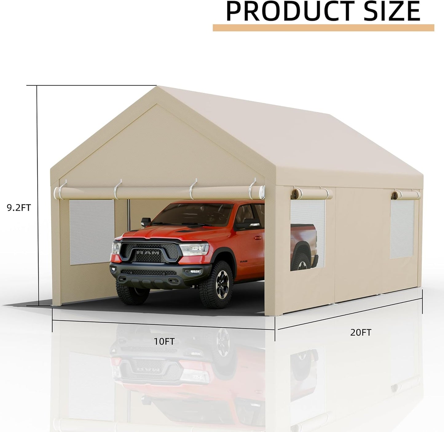 JY QAQA Carport, 10x20 FT Heavy Duty Carport Reinforced Steel Poles with Removable Sidewalls & Doors,Roll-up Windows Car Canopy with Sandbags and All-Season Tarp for Car Boat Truck Motorcycle