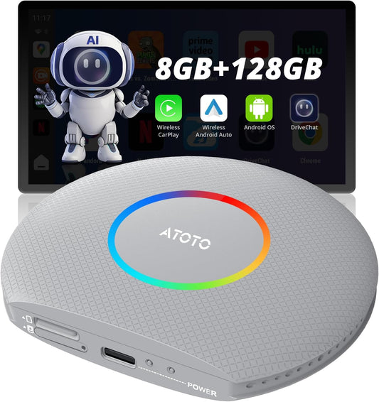 CB6 CarPlay AI Box & Android AI Box, Wireless CarPlay/AndroidAuto Adapter, Plug & Play CarWave Car Smart Box with AI DriveChat, GPS Track, Android 13, 2 BT, 4G LTE, 8G+128G, Silver