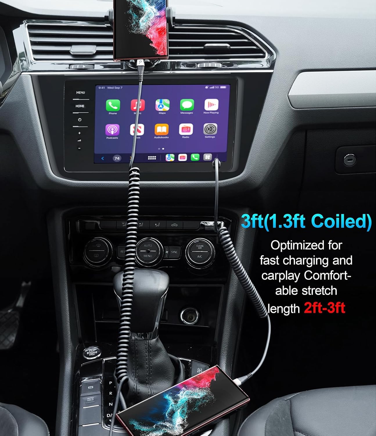 USB C to C 100W 3ft, 2Pack Coiled USB C Charger Cable for Car, Short Type C USBC Fast Charging Cable for iPhone 16/15/Pro/Plus/Pro Max/Samsung Galaxy S23, Compatible All Type C Devices