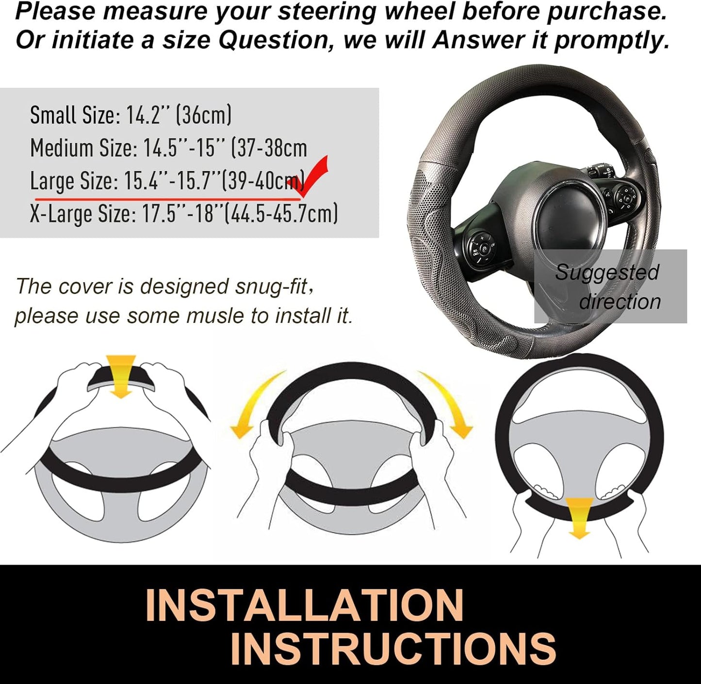 PINCTROT Large Size Comfy Grip Steering Wheel Cover, Anti-Slip Design, 15.5-15.75 Inch(Silicone Black)