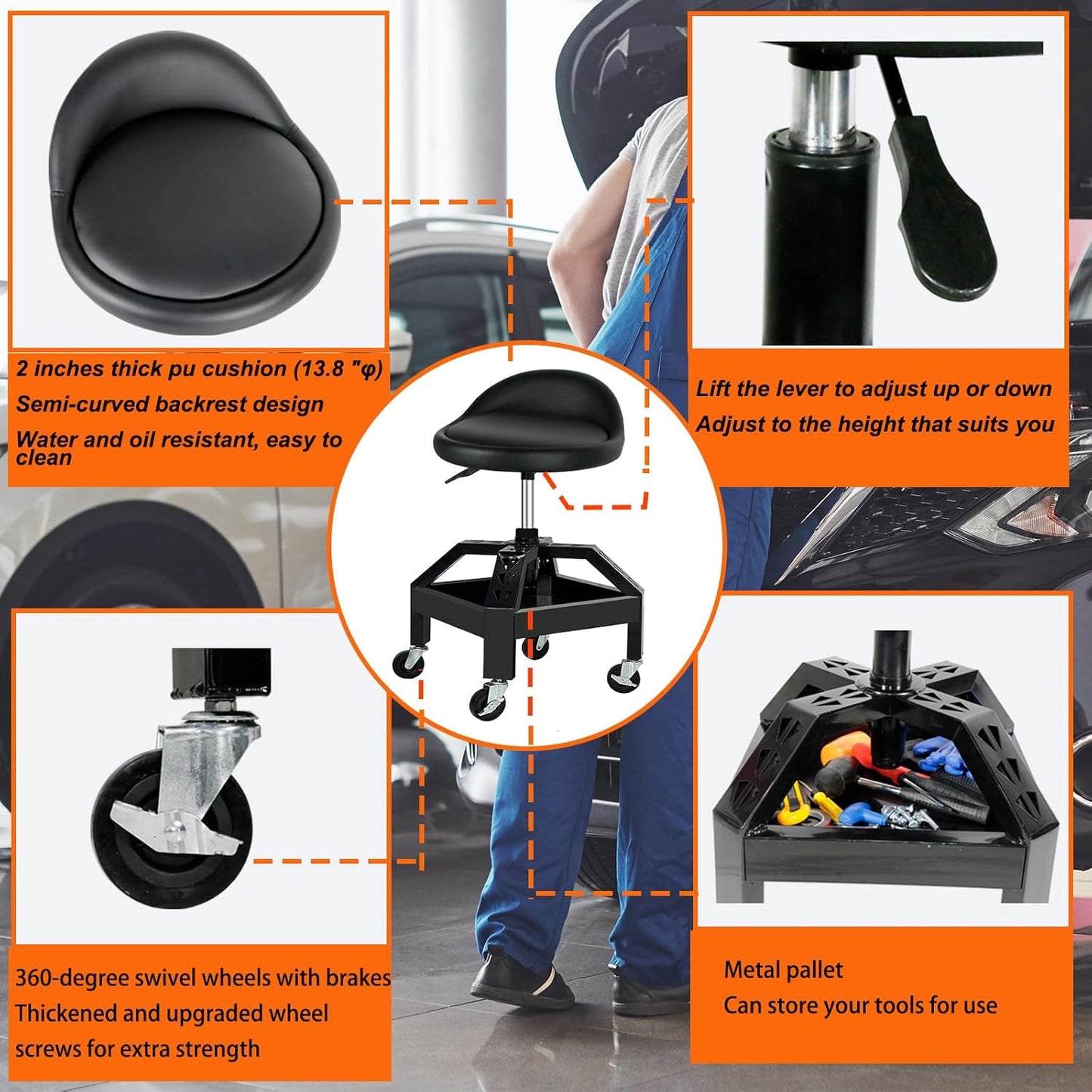 Garage Shop Rolling Seat, Heavy Duty Adjustable Rolling Mechanic Stool with Lockable 360° Wheels, 350 Lbs Capacity, Work Stool with Tool Tray for Garage & Workshop