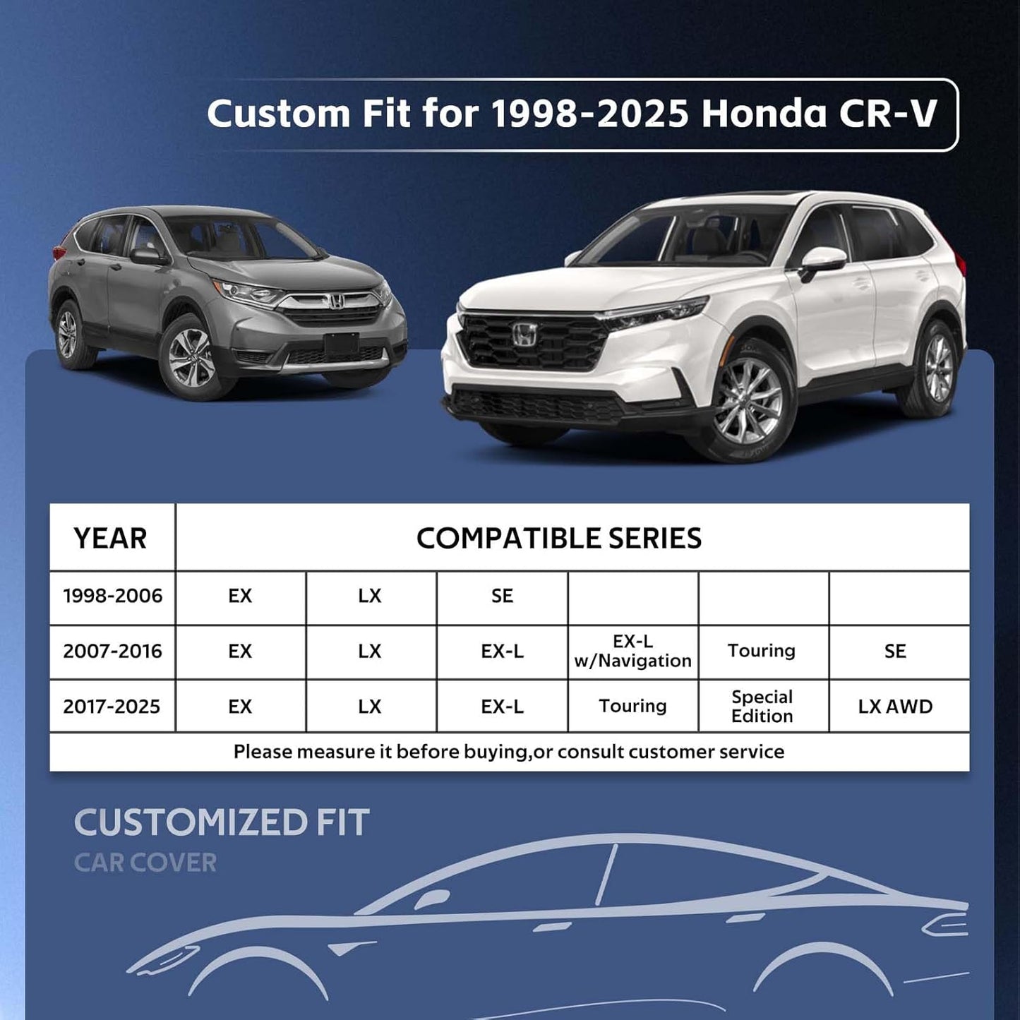 10 Layers SUV Car Cover Custom Fit for Honda CRV CR-V (2006-2024) Waterproof All Weather for Automobiles, Outdoor Full Cover Sun UV Rain Protection with Cotton.Black