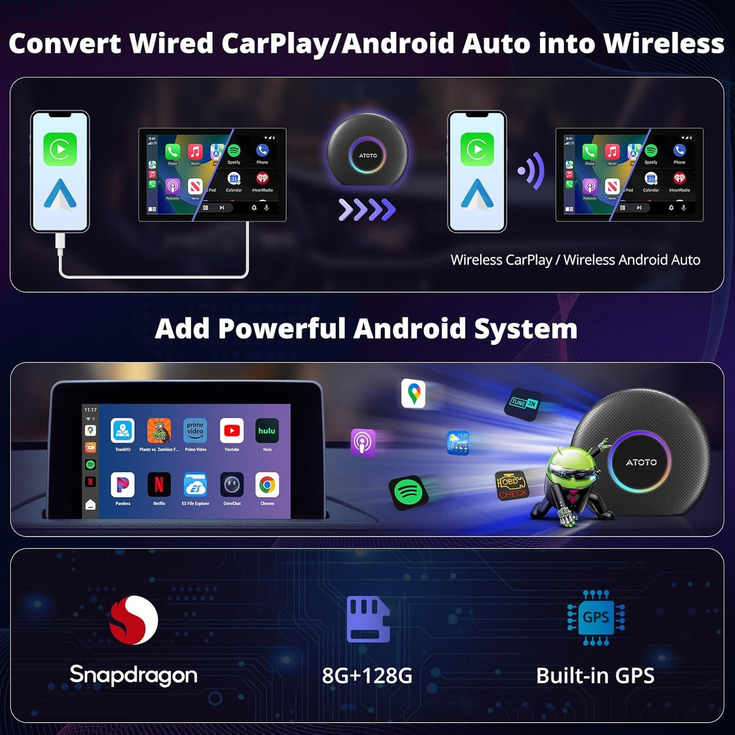 CB6 CarPlay AI Box & Android AI Box, Wireless CarPlay/AndroidAuto Adapter, Plug & Play CarWave Car Smart Box with AI DriveChat, GPS Track, Android 13, 2 BT, 4G LTE, 8G+128G, Black