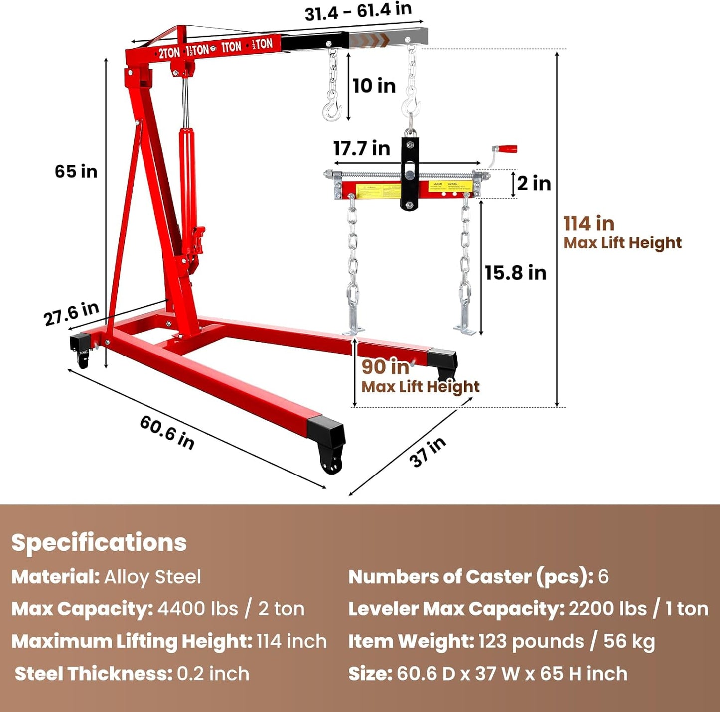 Engine Hoist 2 Ton/4409 lbs Heavy Duty Alloy Steel Cherry Picker Engine Hoist with Load Leveler, Engine Stand with 4 Steel Caster, Red (Engine Hoist no Folding with Leveler)