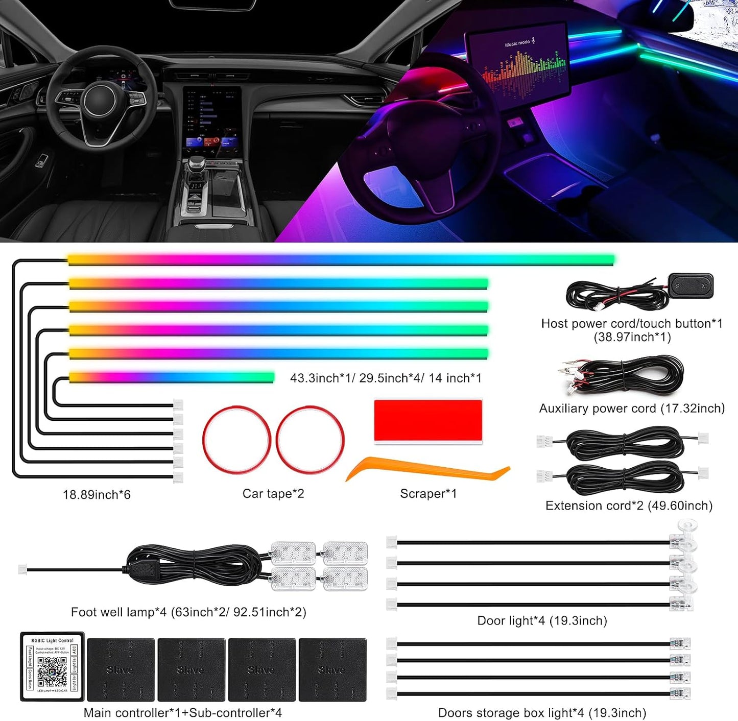Dreamcolor Acrylic Interior Car LED Strip Light with Wireless APP, RGB 18 in 1 with 175 inches 612 LEDs Fiber Optic Strip Lights for Car, Dual Zone Music Sync Neon Car Ambient Lighting Kits