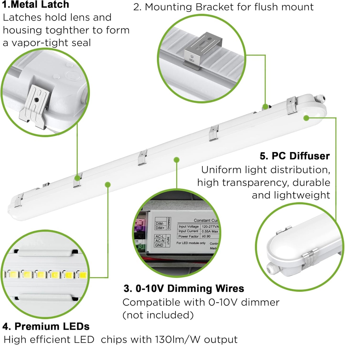 TIERONE 4ft LED Vapor Tight Light 50W Outdoor Shop Light IP65 Waterproof 0-10V Dimmable Integrated LED White Strip Lighting Fixture for Warehouses Car Washes 5000K 100-277V 6000LM ETL Listed 4 Pack