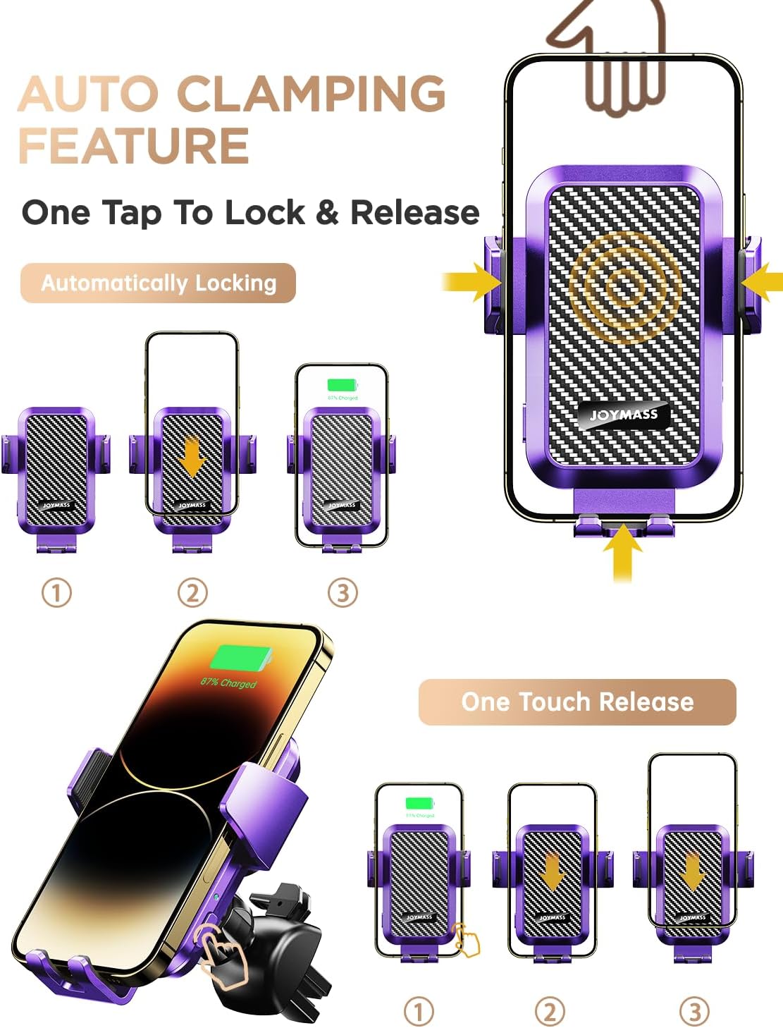 Wireless Car Charger, Phone Holders for Your Car, 15W Auto Clamping Phone Mount Car Accessories for iPhone 16 15 14 13 12 Mini Pro Max, Samsung Galaxy S24 Ultra S23 S22+ Note 20, etc - Purple