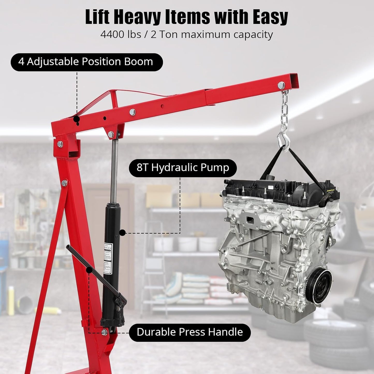 2 Ton Hydraulic Engine Hoist, 4400LBS Folding Cherry Picker Engine Hoist Lift, Heavy Duty Hydraulic Shop Crane with 6 Casters & Telescopic Boom for Lifting Motor, Garage, Workshop and Factory